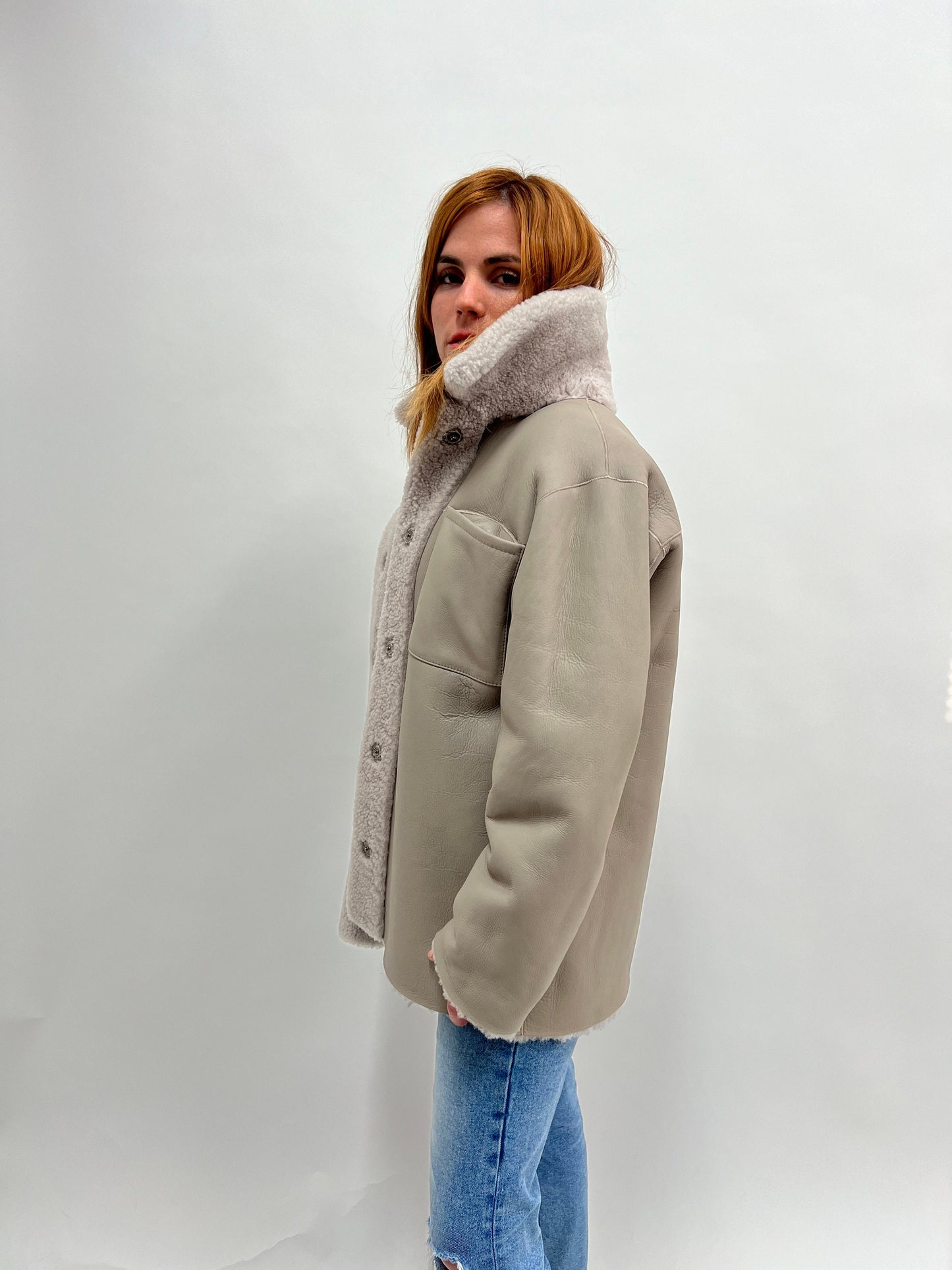 Handmade Sheepskin Shearling Jacket: Grey Nappa Fur Overshirt