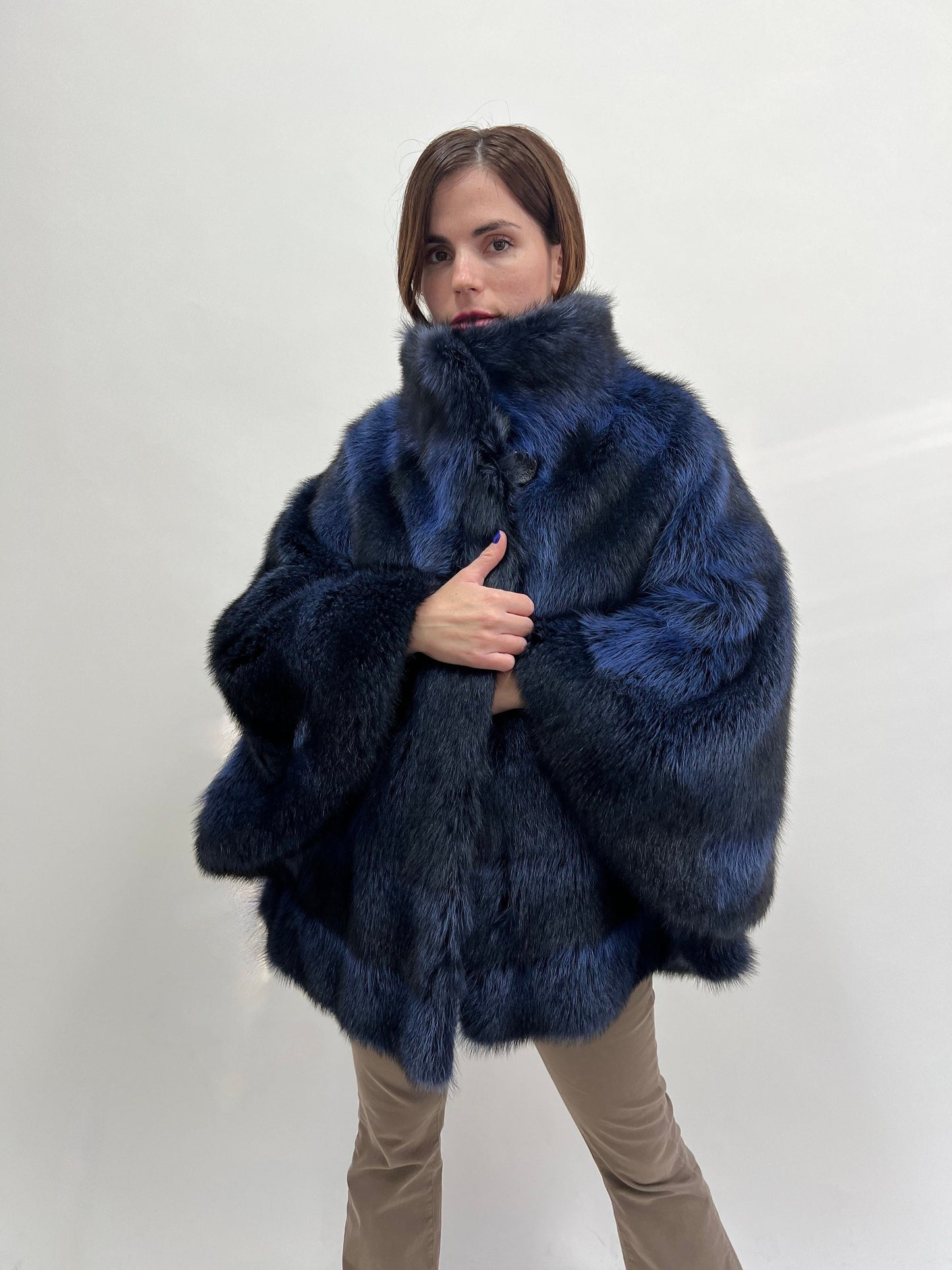 Blue Raccoon Fur Cape with Collar: Navy & Black Luxury Fur Gift