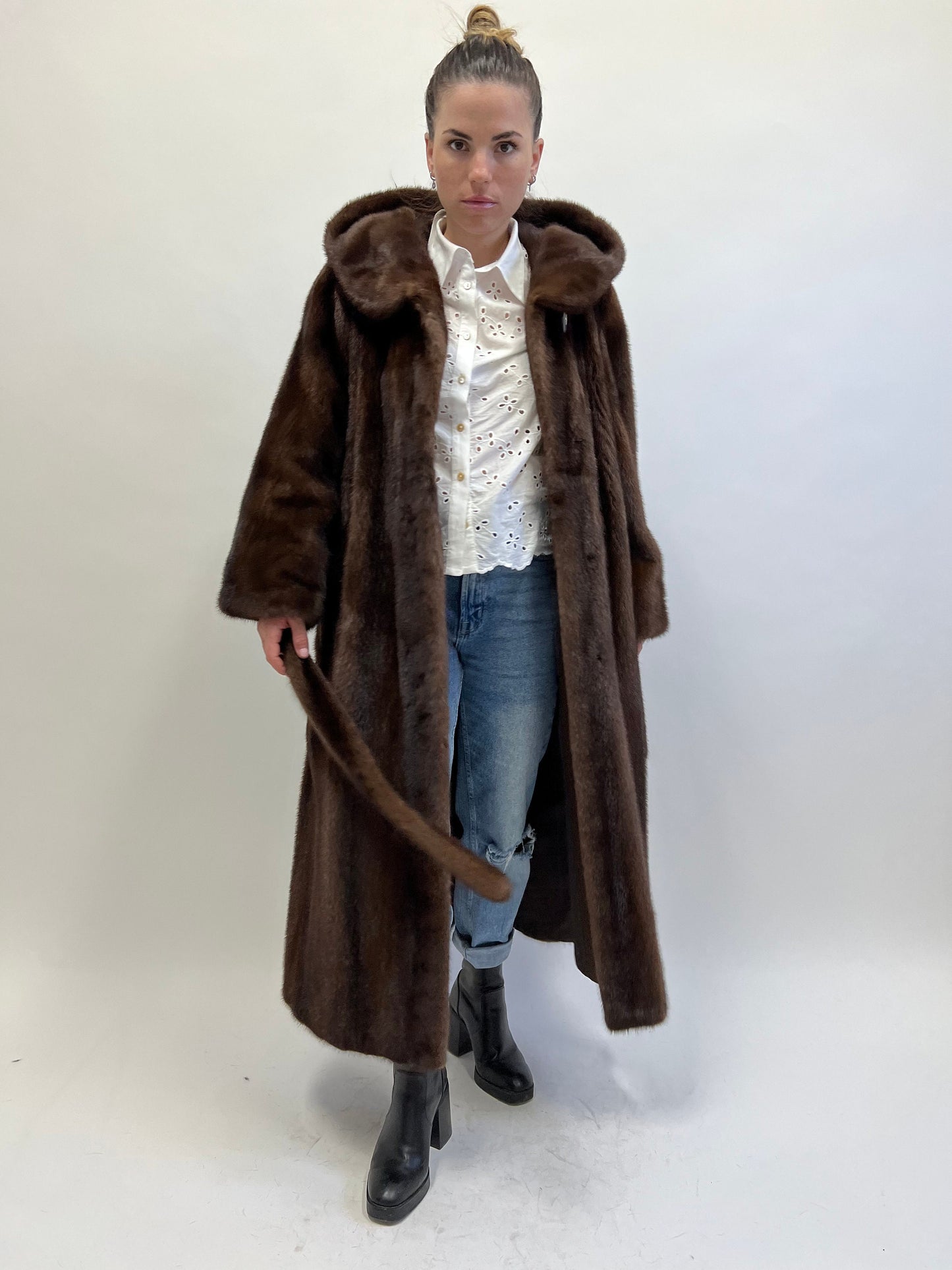 Brown Mink Fur Hooded Coat: Demi Buff Long Stroller, Belted