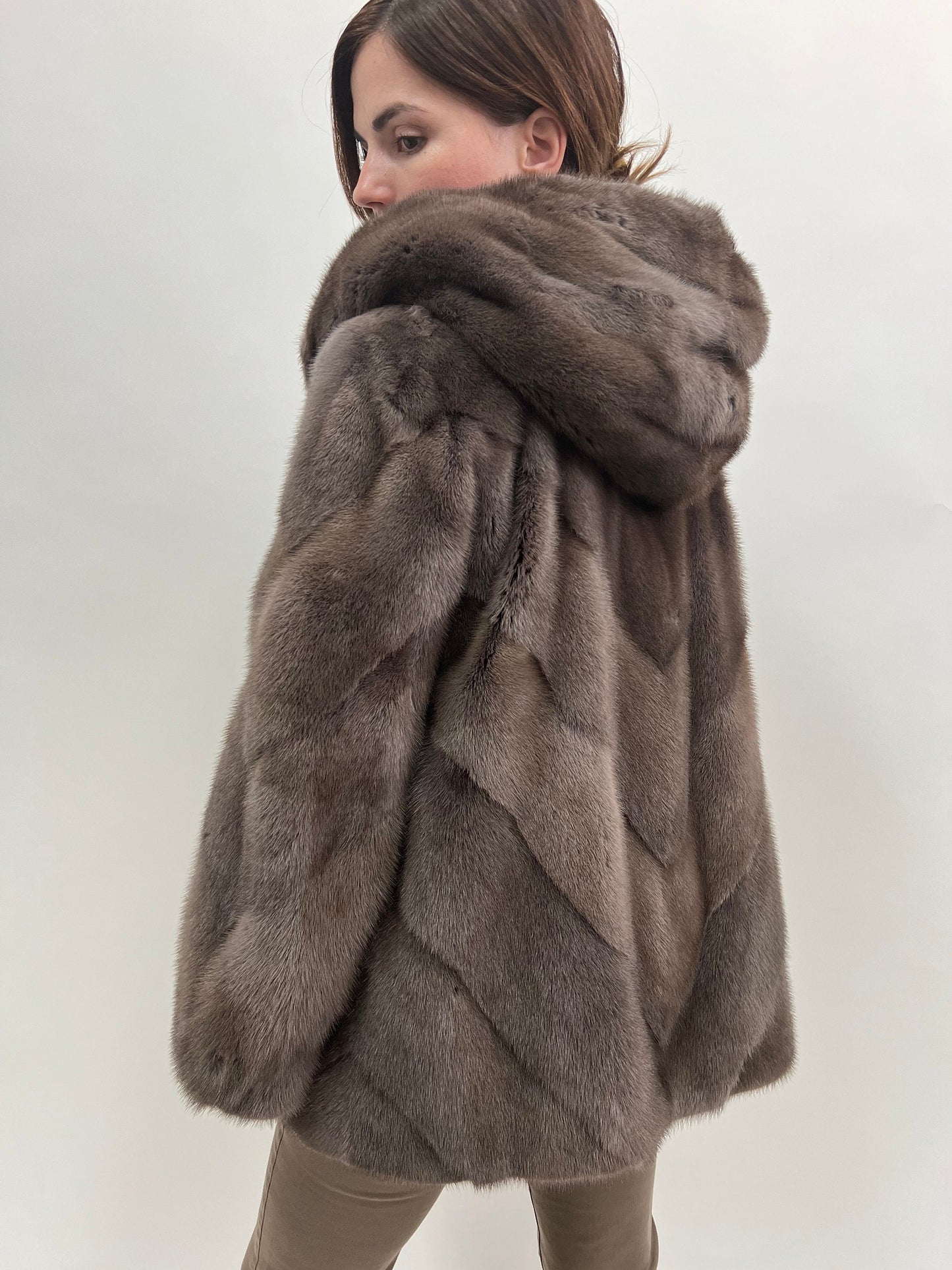 Saga Mink Fur Hooded Jacket, Warm Grey Diagonal Coat