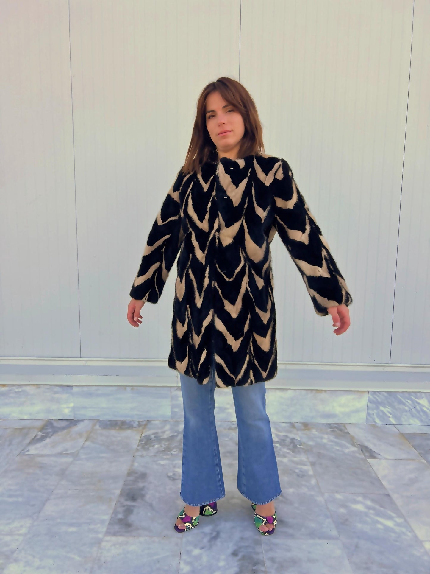 Intarsia Mink Fur Coat: Black and Beige Genuine Fur Jacket
