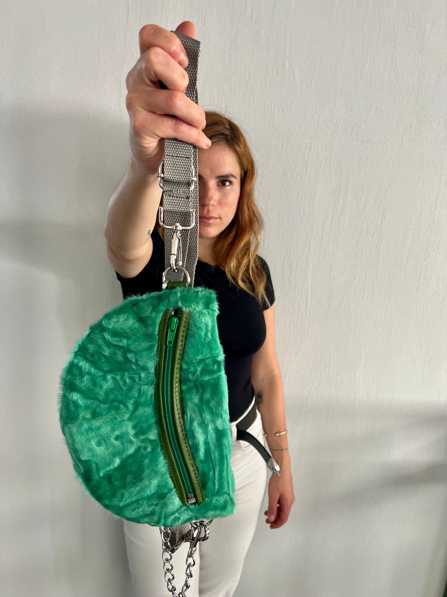 Green Sheared Fur Bumbag with Chain Strap