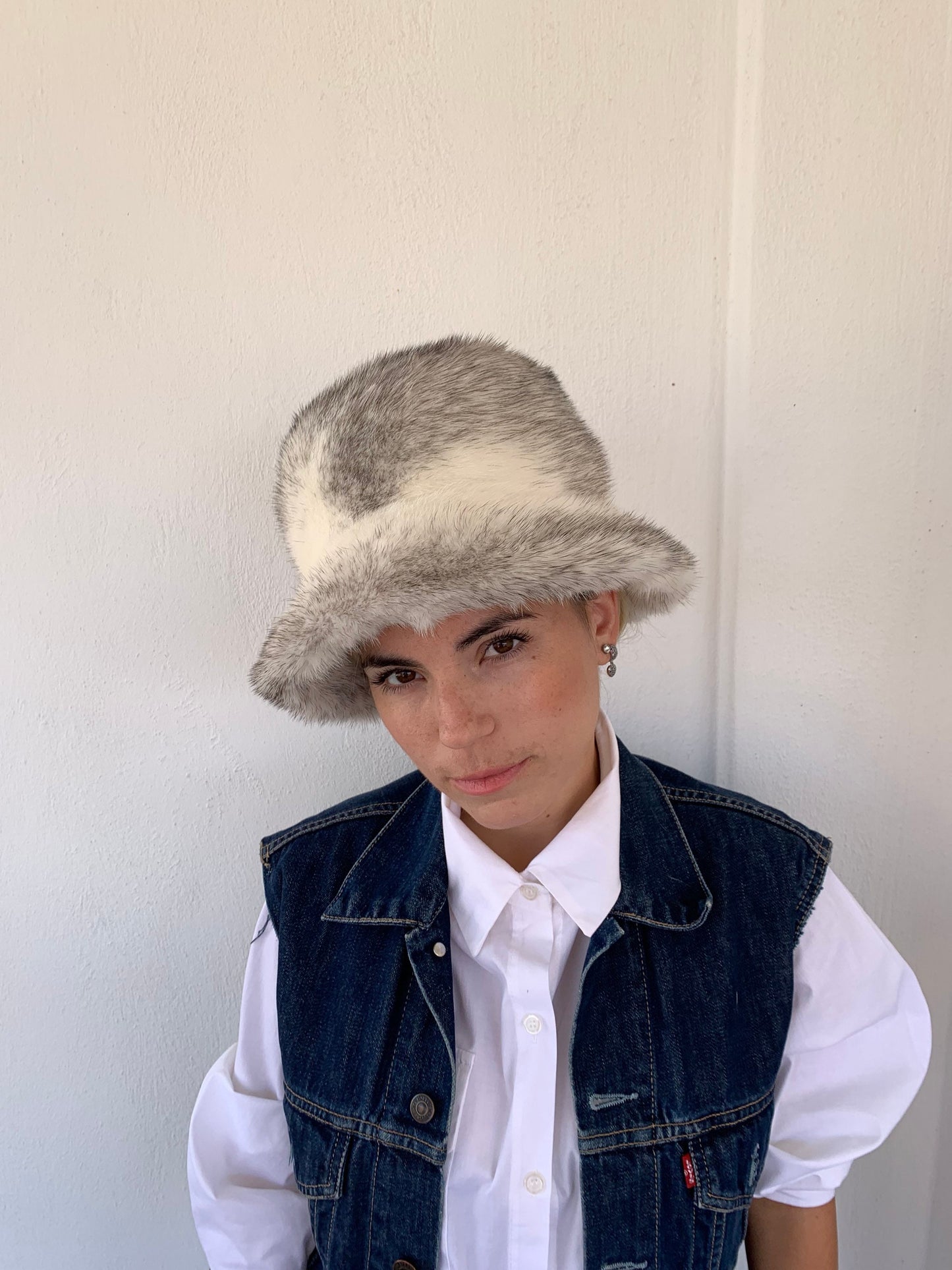 Real Mink Fur Bucket Hat: Silver Cross Design, Padded Lining