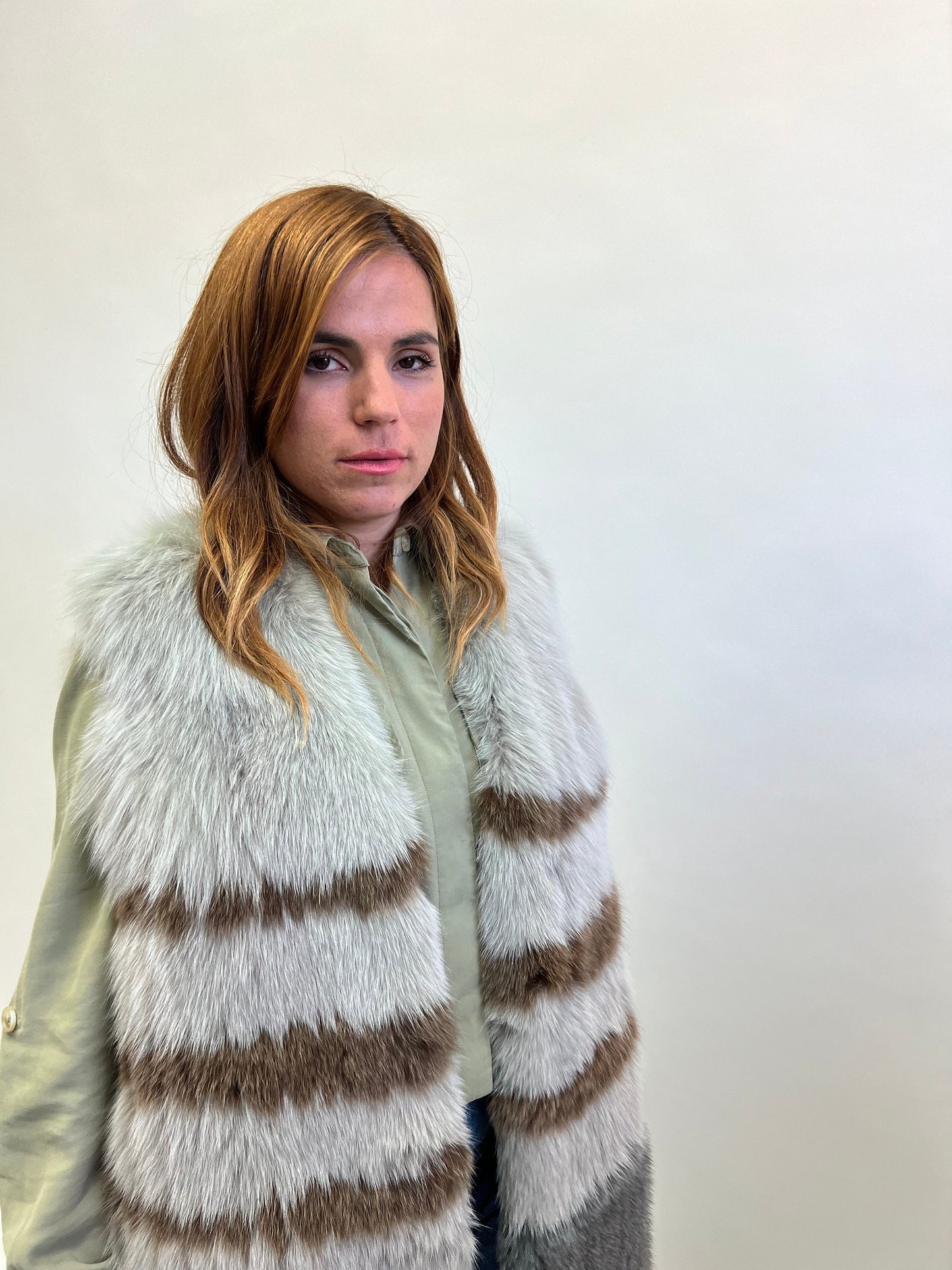 Real Fox Fur Vest: Three-Tone Leather Trim, Size Small