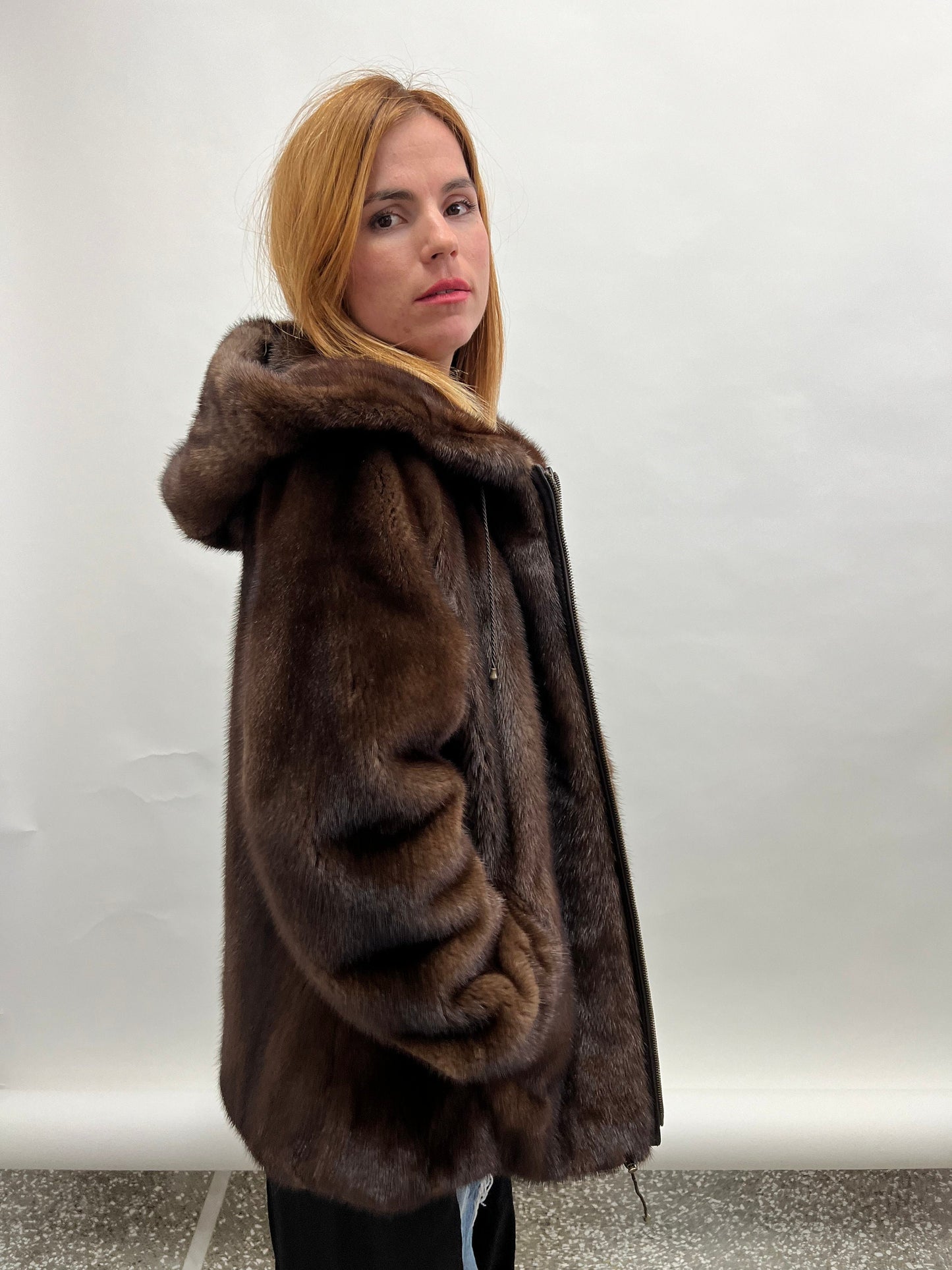 Brown Mink Hooded Jacket - Saga Furs - Zip Closure