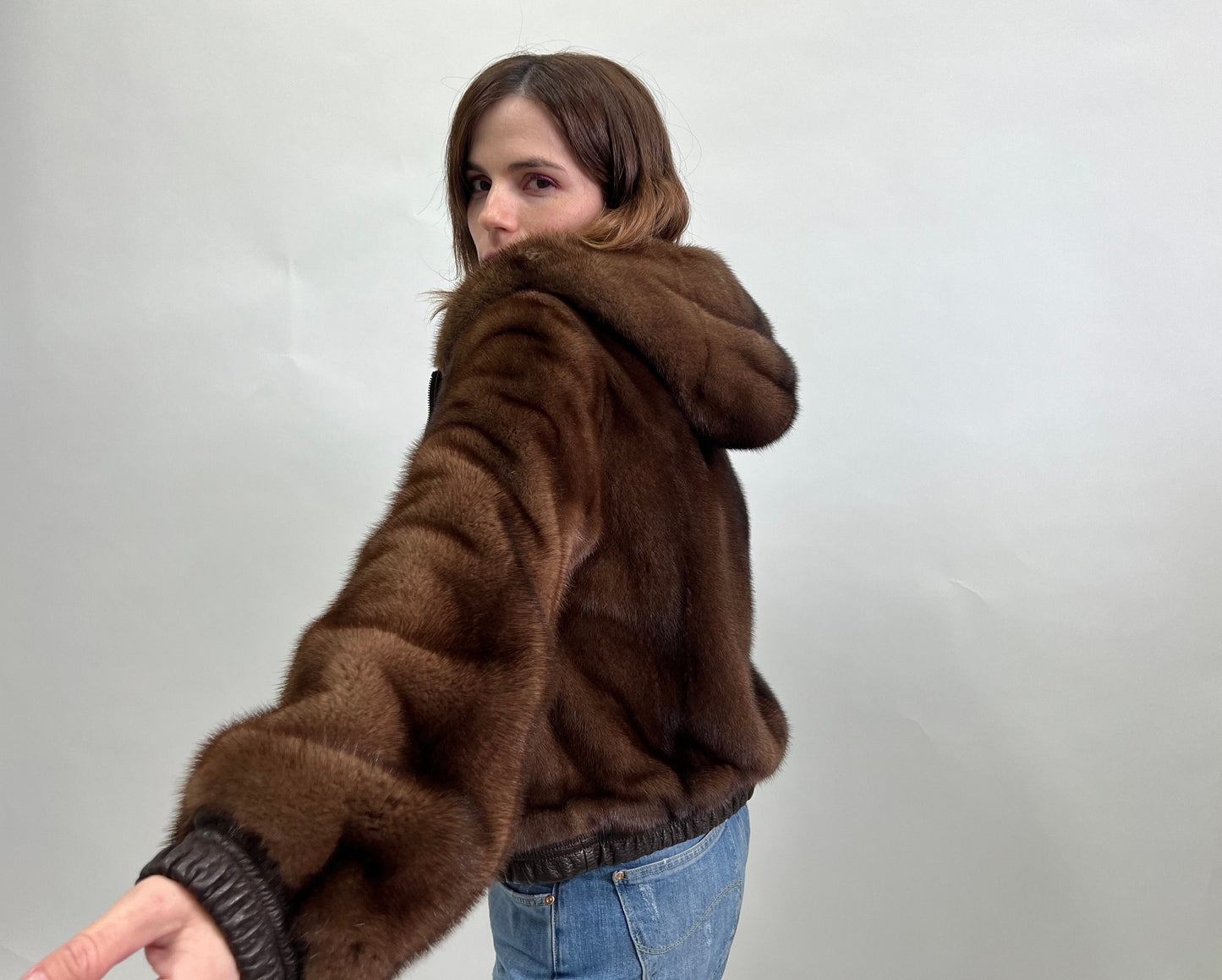 Reversible Brown Mink Fur Bomber Jacket: Leather Hooded Coat