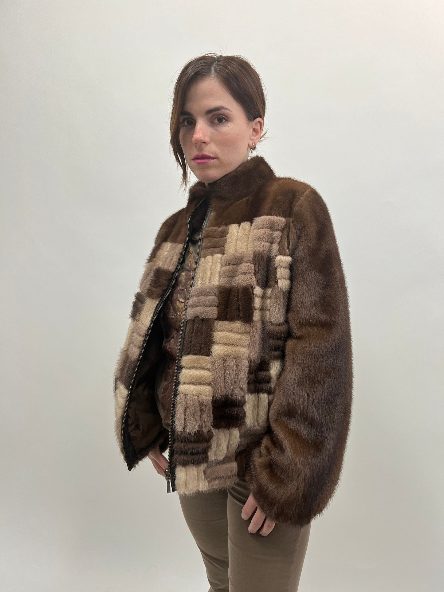 Intarsia Brown Mink Fur Jacket: Lightweight Zip Coat, Saga Fur
