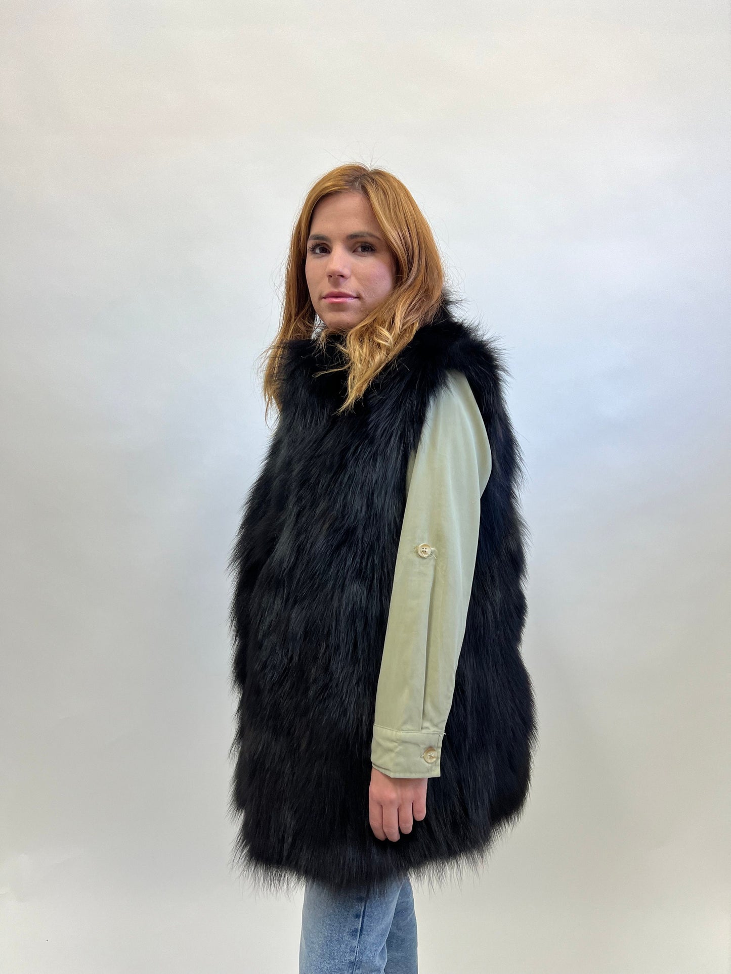 Real Black Fox Fur Vest, Genuine Pelt Winter Jacket, Medium