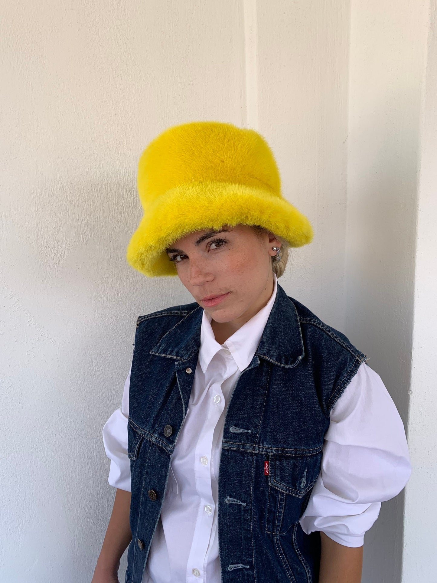 Handmade Yellow Mink Fur Bucket Hat: Luxury Winter Warmer
