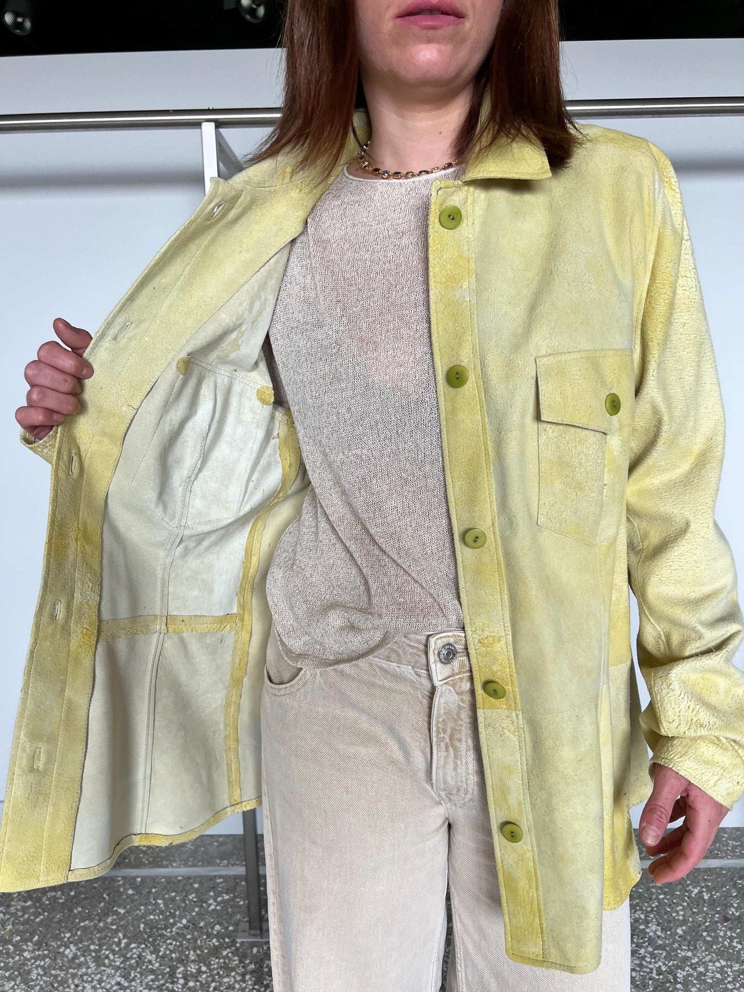 Lime suede leather distressed overshirt. Light genuinely leather: Handmade blazer with external pockets.