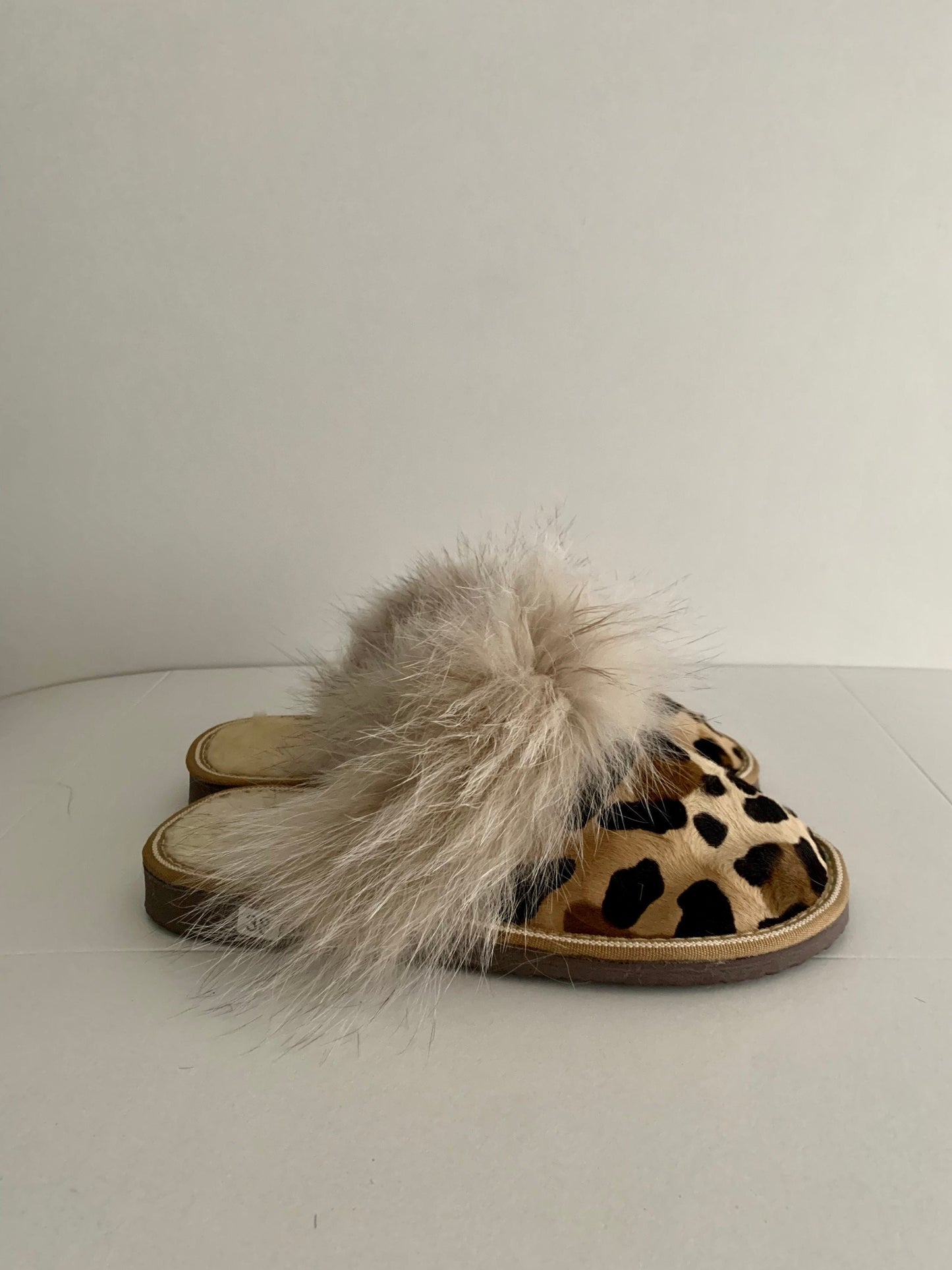 Genuine shearling slippers for women cowhide fur print with fox fur trim,  with foam sole fur slippers. Lightweight mouton fur.