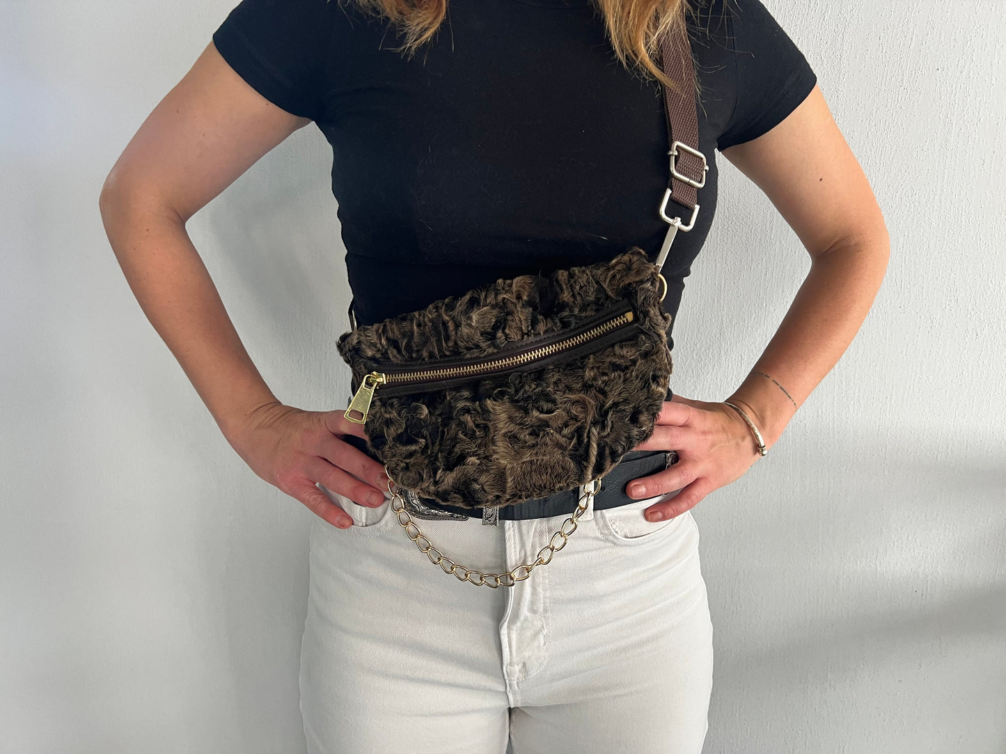 Real Mink Fur Bumbag: Brown Fanny Pack with Chain