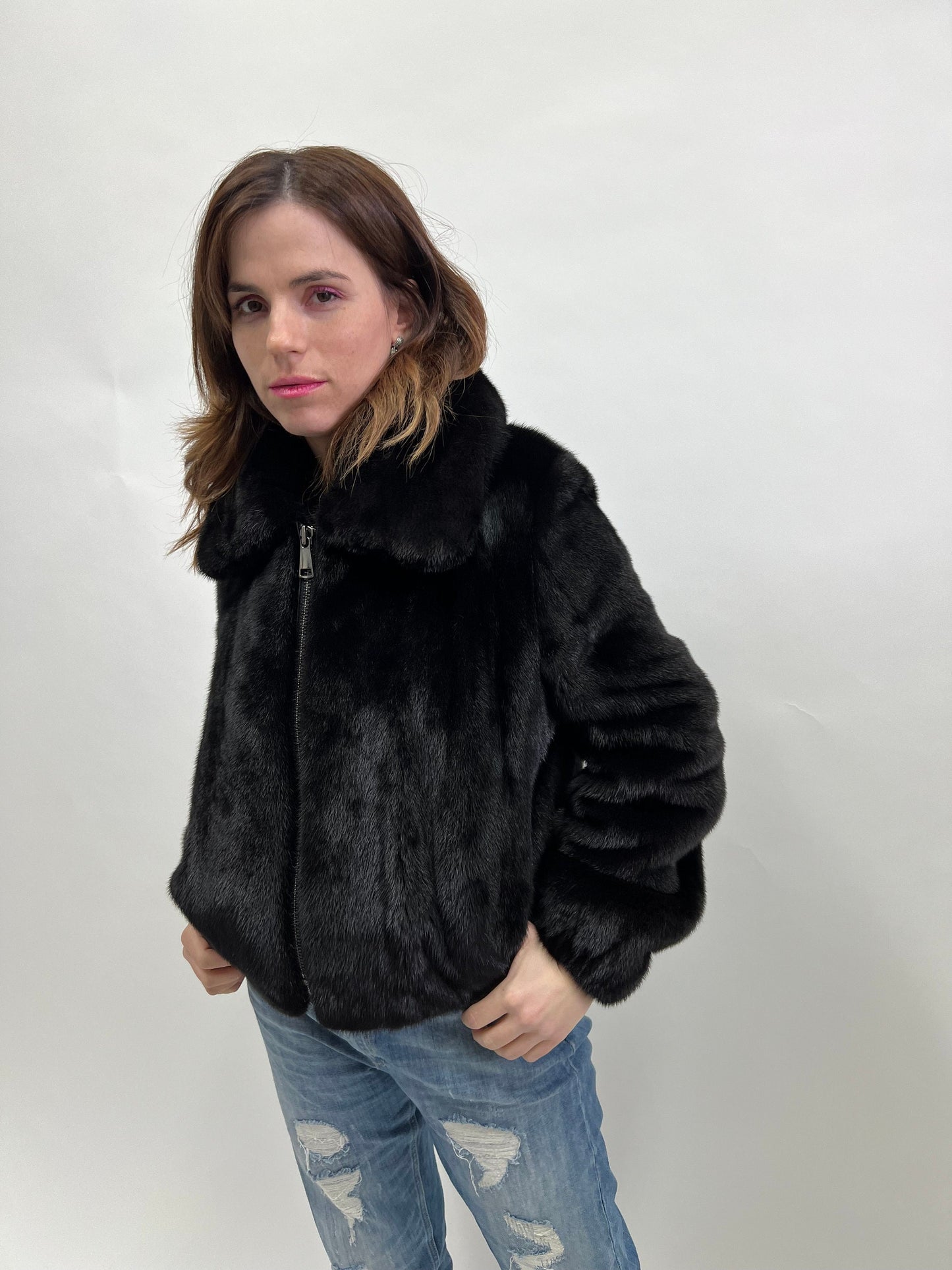 Real Mink Fur Velvet Bomber Jacket - Black, Big Collar