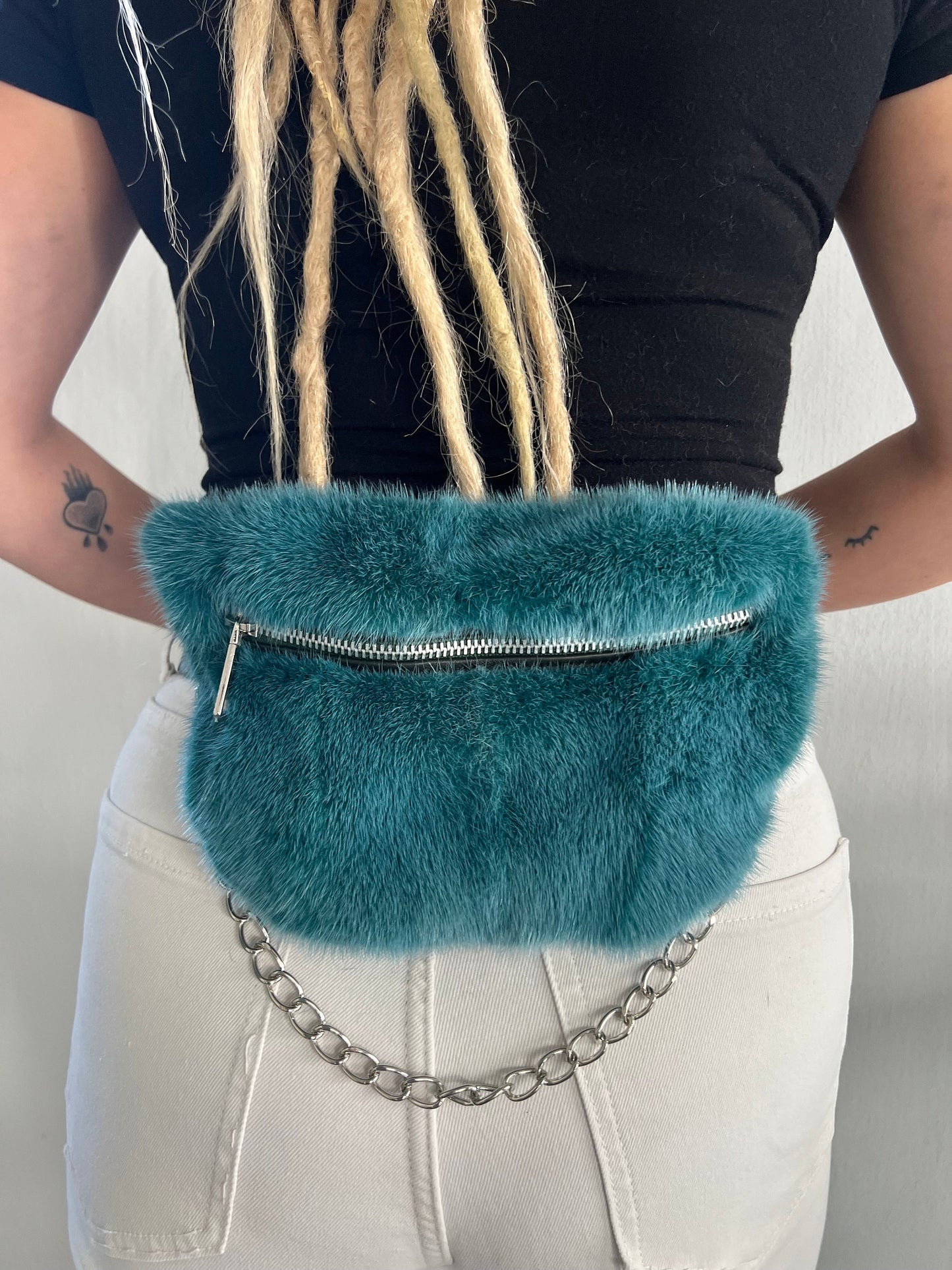 Real Mink Fur Bumbag: Petrol Fanny Pack with Chain