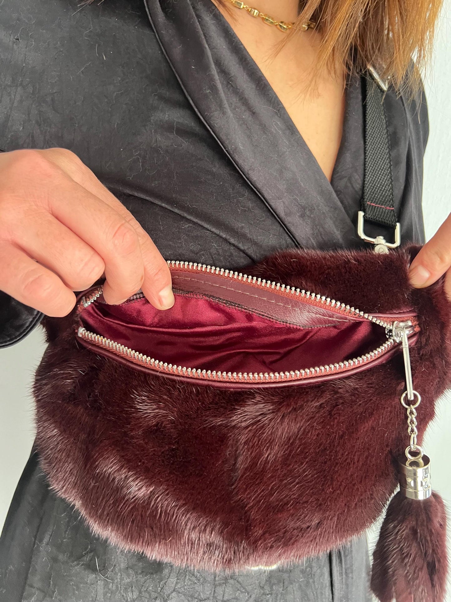 Burgundy Mink Fur Bumbag with Chain, Luxury Fanny Bag
