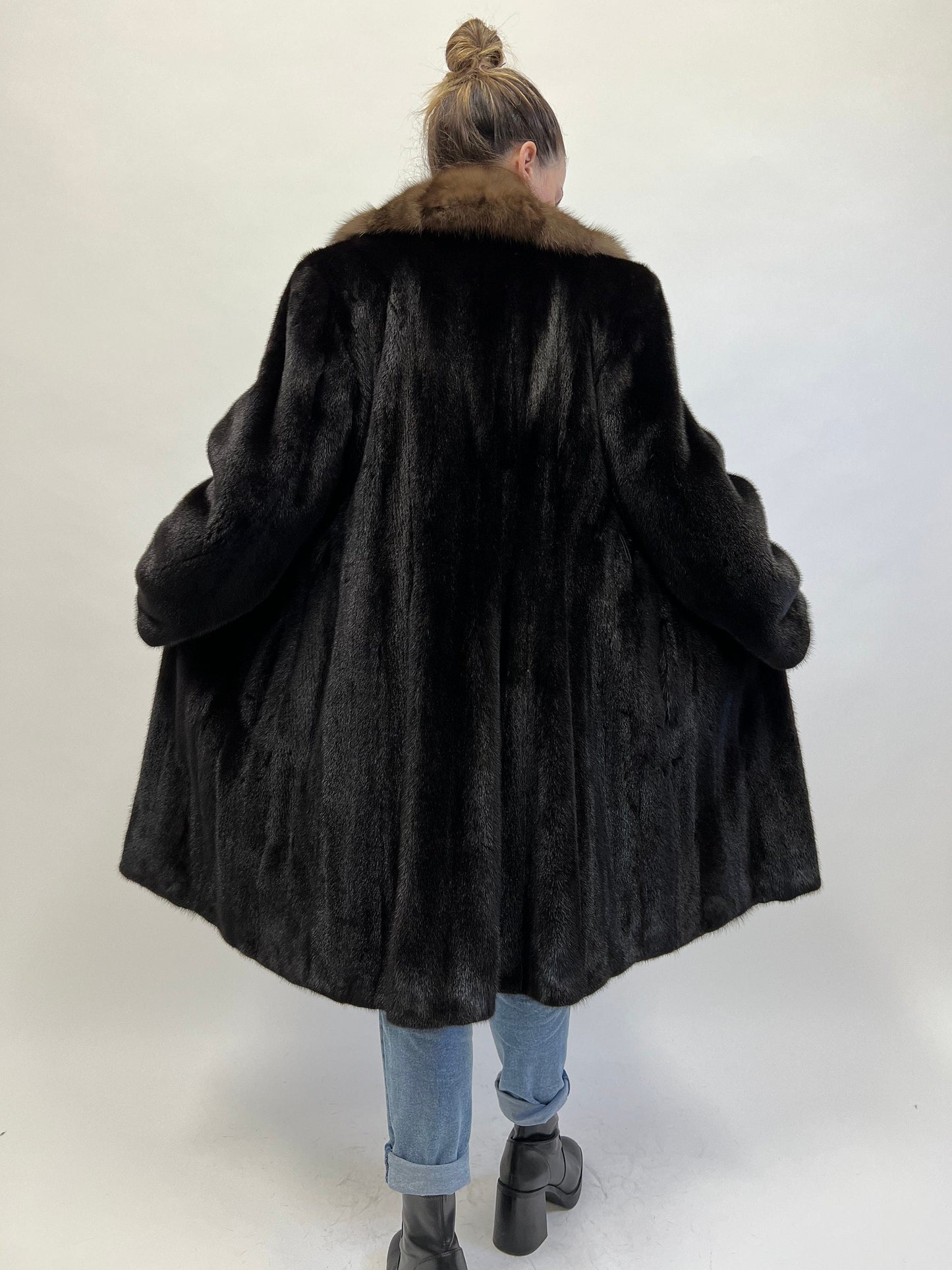 Handmade Black Mink Fur Long Coat with Sable Collar