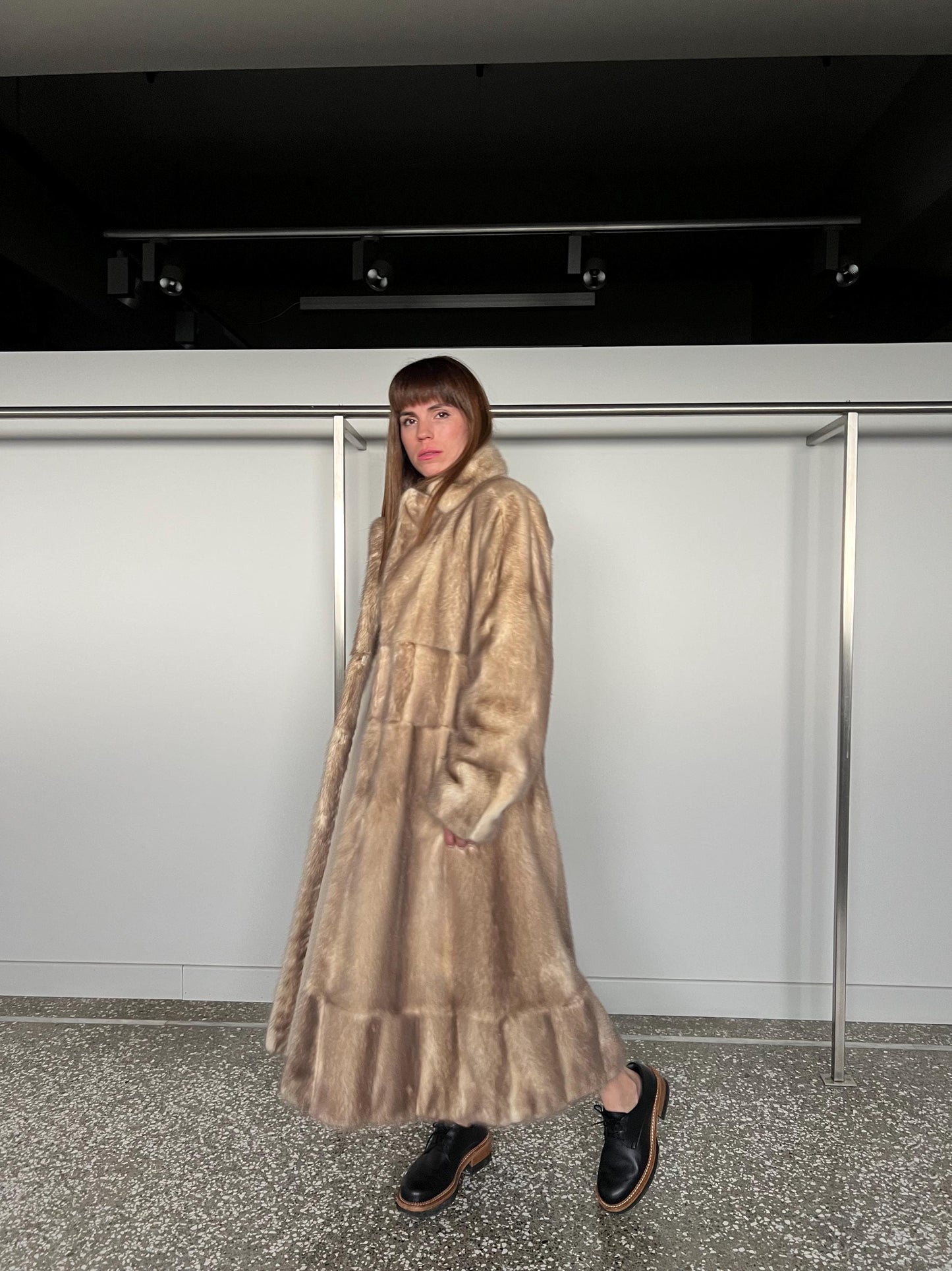 Pearl Mink Fur Stroller: Beige Saga Full Length Luxury Coat