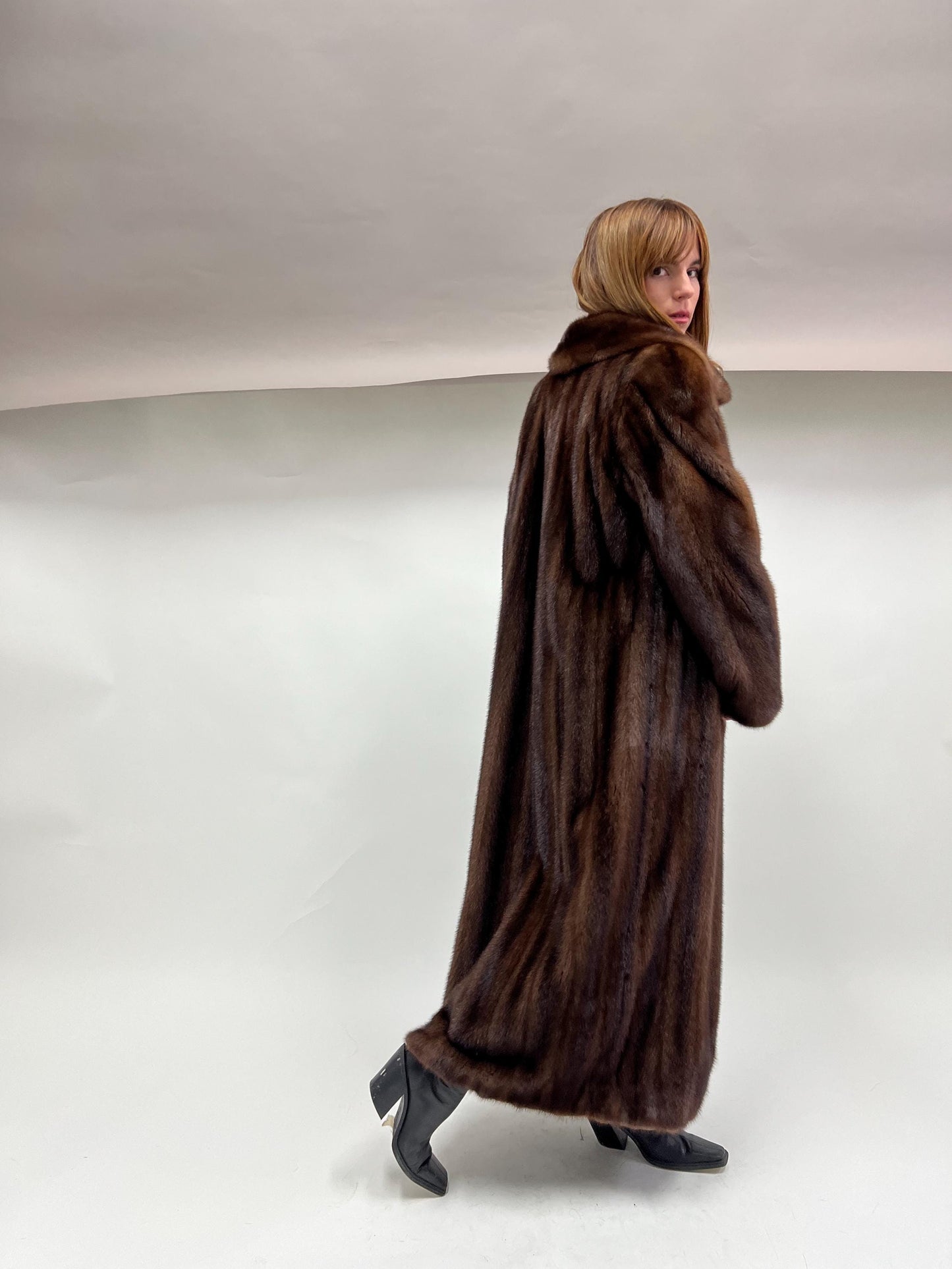 Demi Buff Mink Fur Coat: Long Collared Stroller, Handmade in Greece