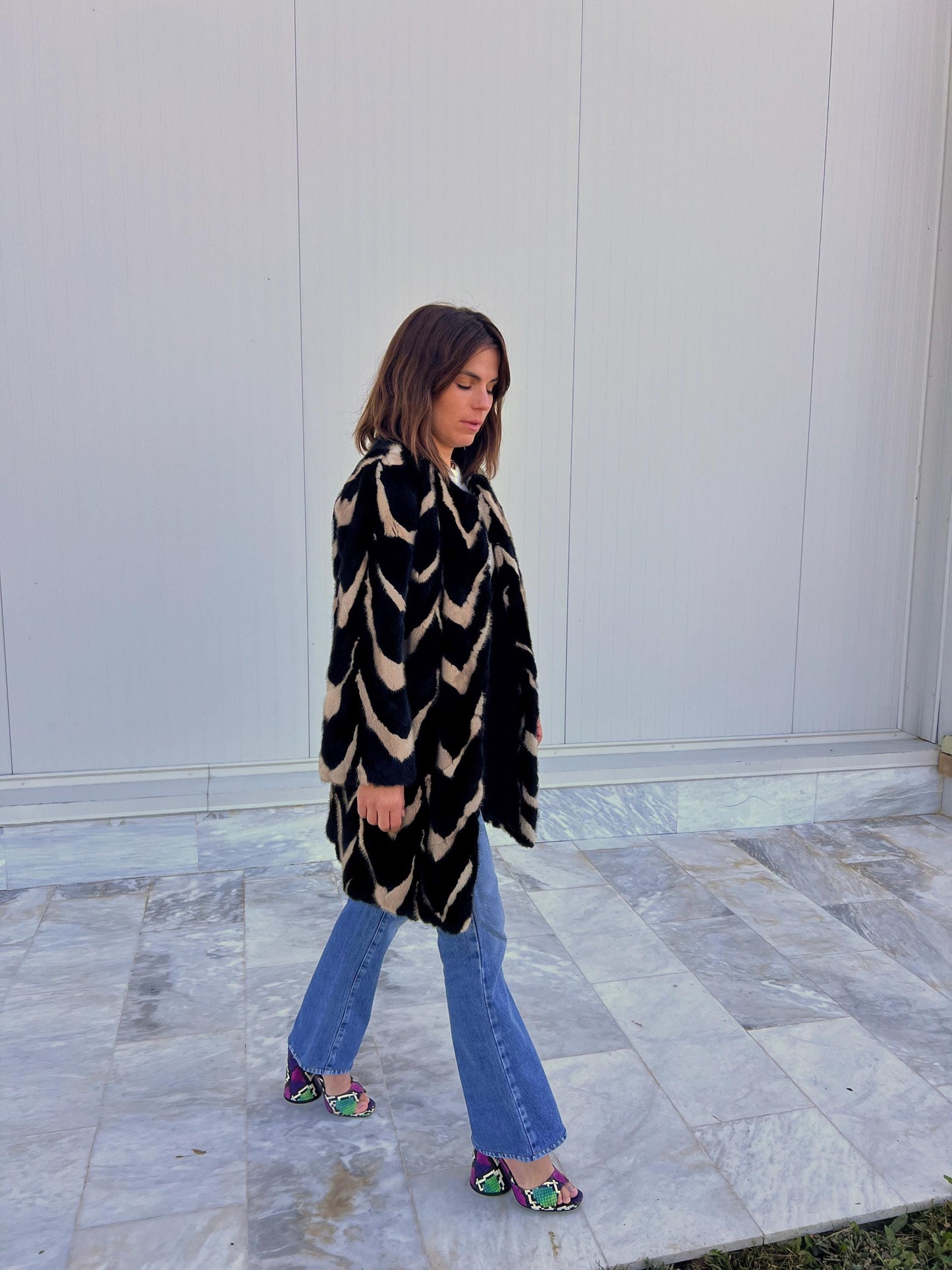 Intarsia Mink Fur Coat: Black and Beige Genuine Fur Jacket