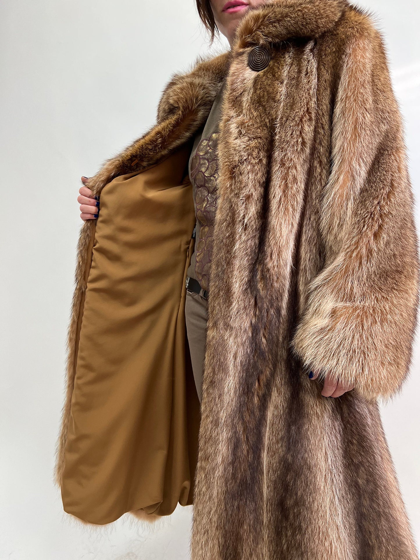 Real Crystal Raccoon Fur Coat: Tan Brown Full Length Godet, Big Collar