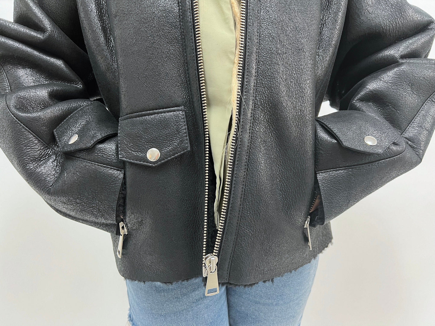 Handmade Black Shearling Fur Jacket: Cracked Leather Sheepskin Coat