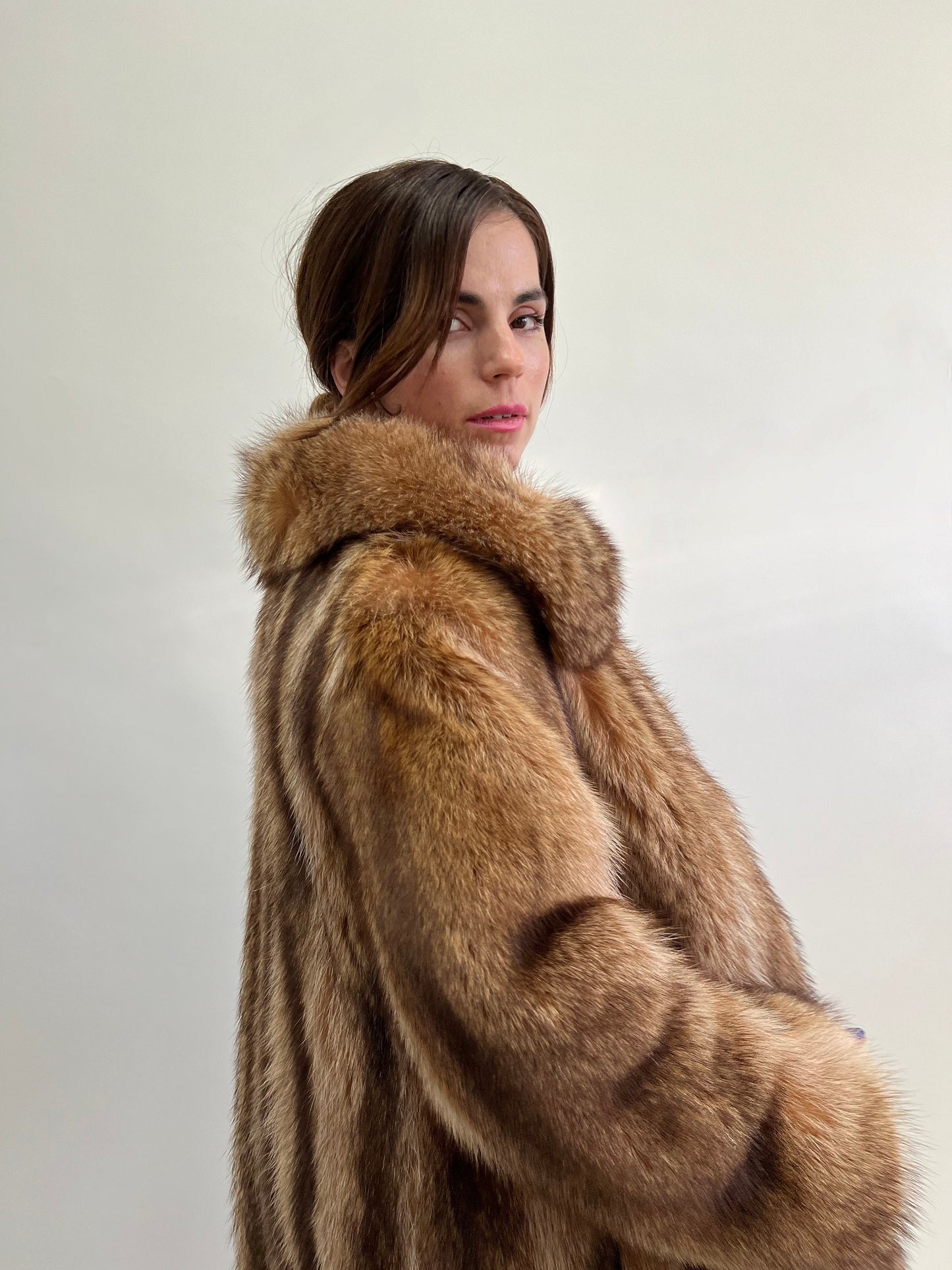 Real Crystal Raccoon Fur Coat: Tan Brown Full Length Godet, Big Collar