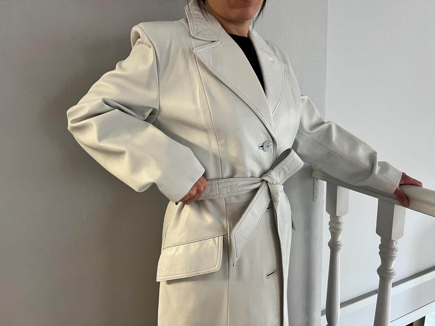 Handmade Nappa Lambskin Leather Coat: White Wrap Belted Jacket