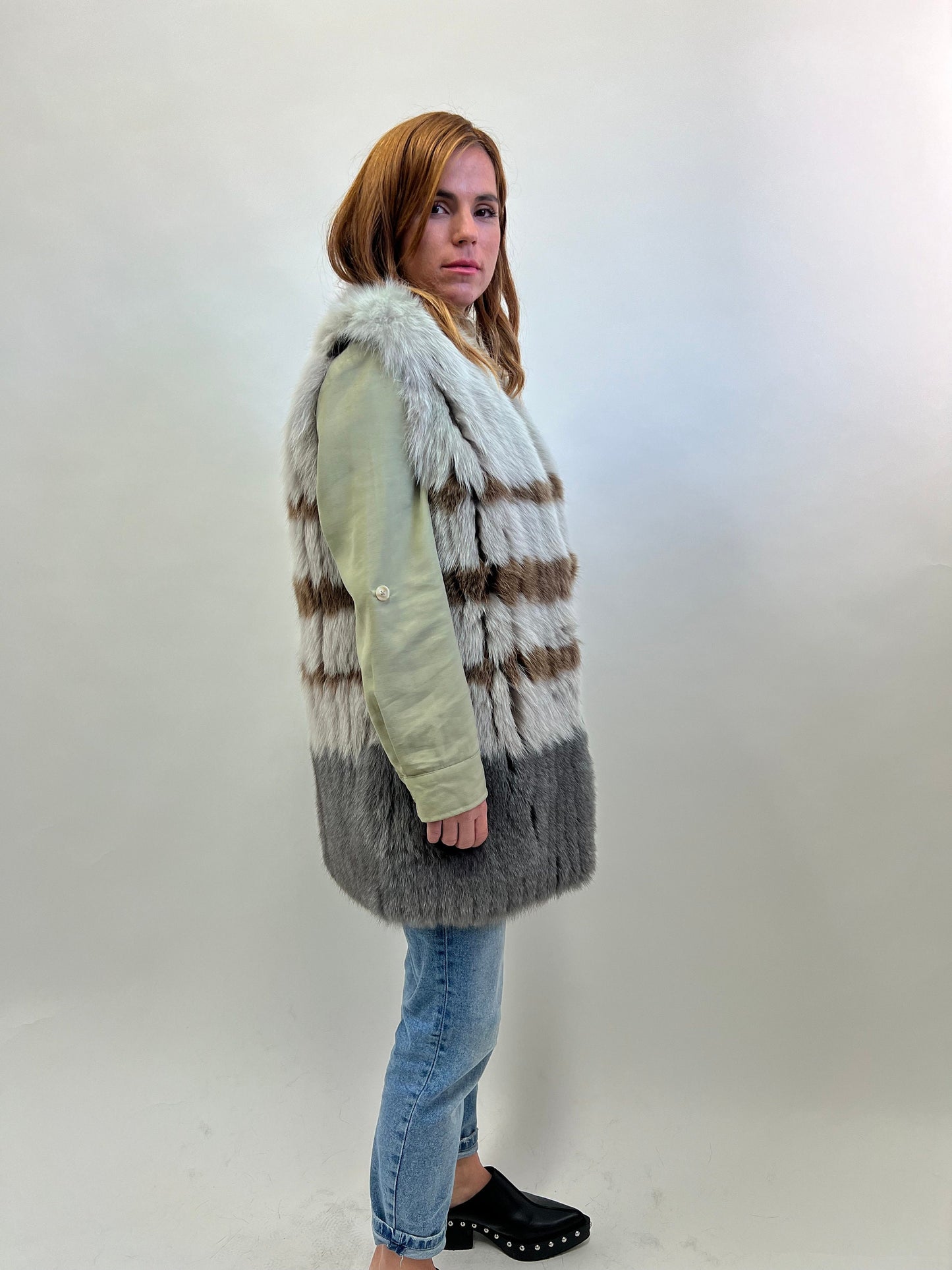 Real Fox Fur Vest: Three-Tone Leather Trim, Size Small