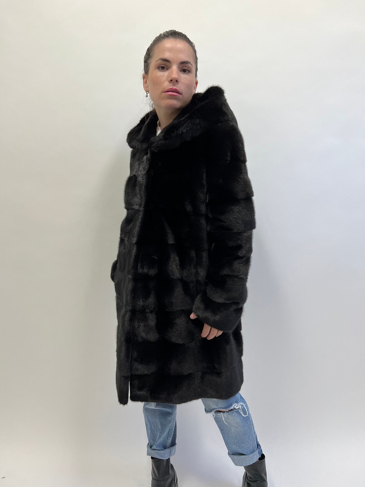 Real Mink Fur Hooded Coat: Black Full Skin Jacket