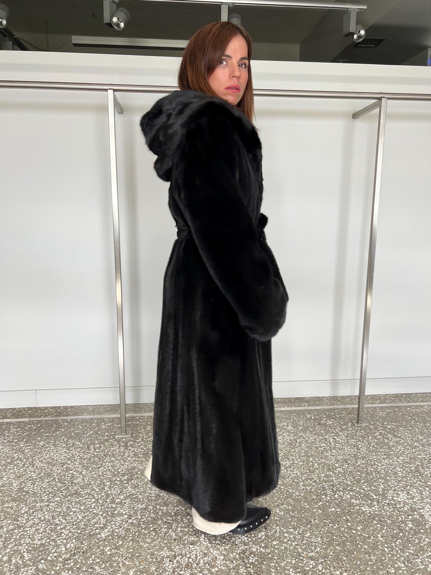 Handmade Black Mink Fur Coat: Hooded Godet Style, Belted