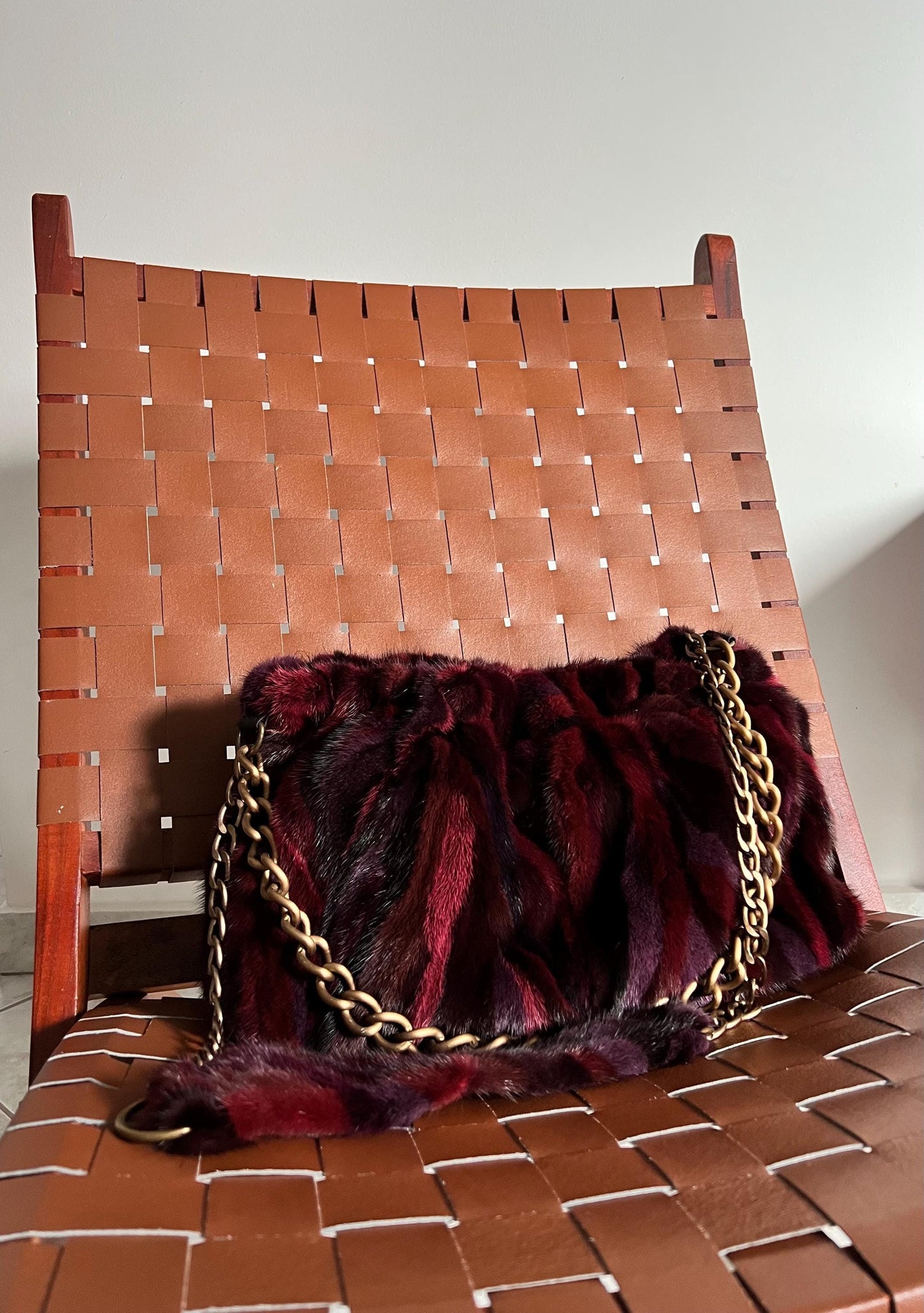 Handmade Mink Fur Slouchy Shoulder Bagin Burgundy : Luxury Cross-body Purse in army shades.