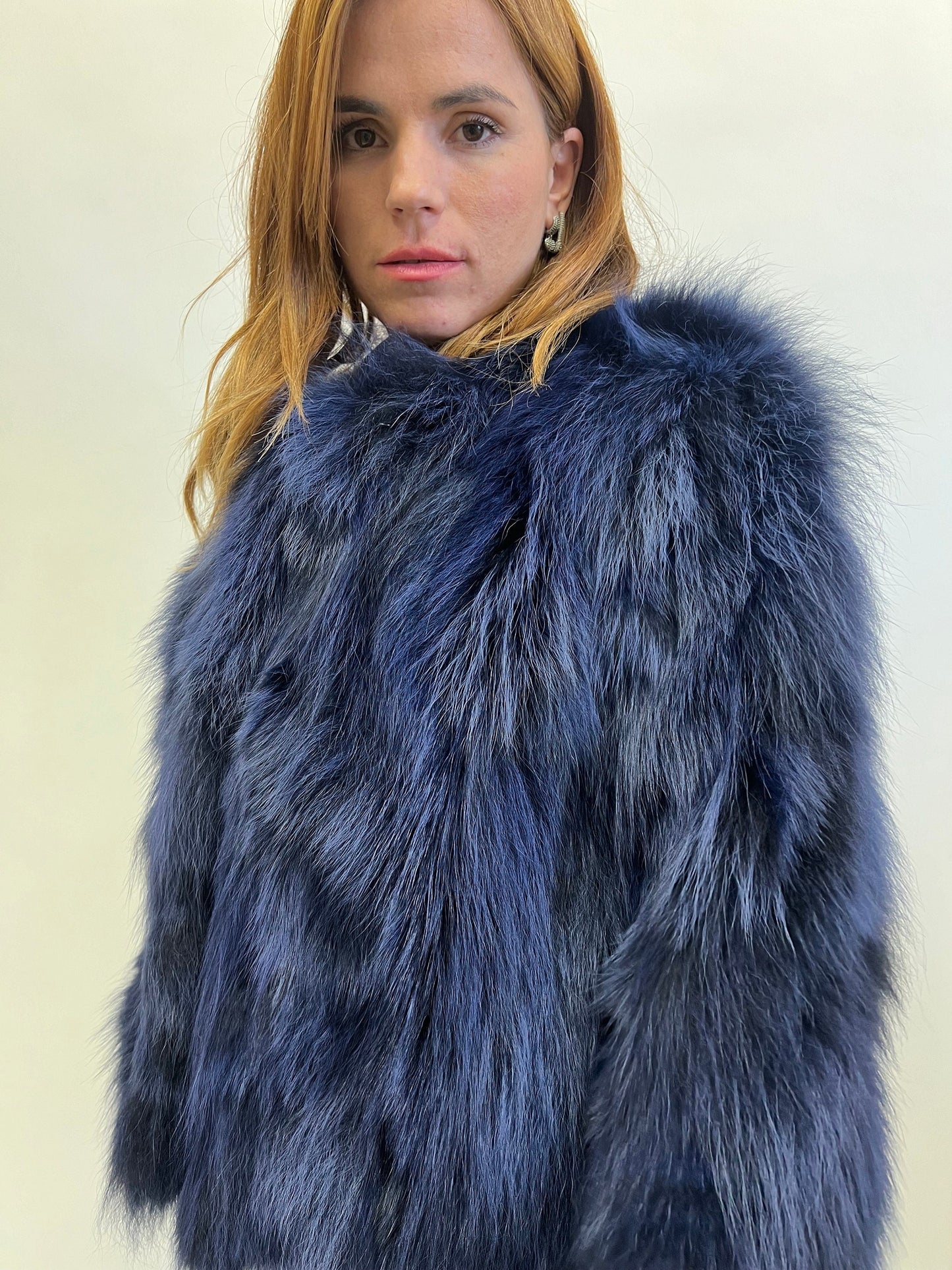 Real Denim Blue Fox Fur Jacket - Handmade Winter Coat