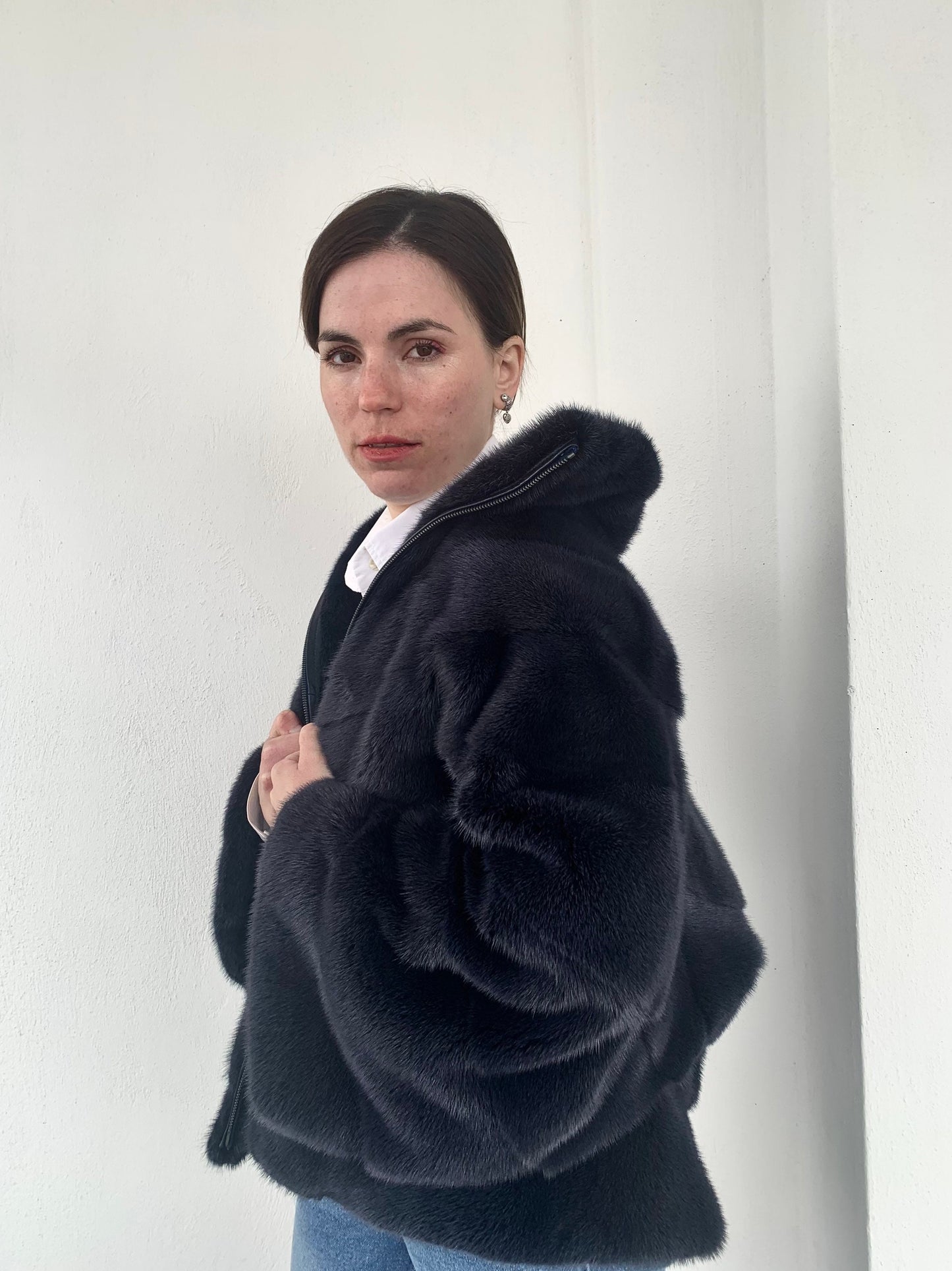 Denim Blue Mink Fur Cape: Handmade Oversized Jacket