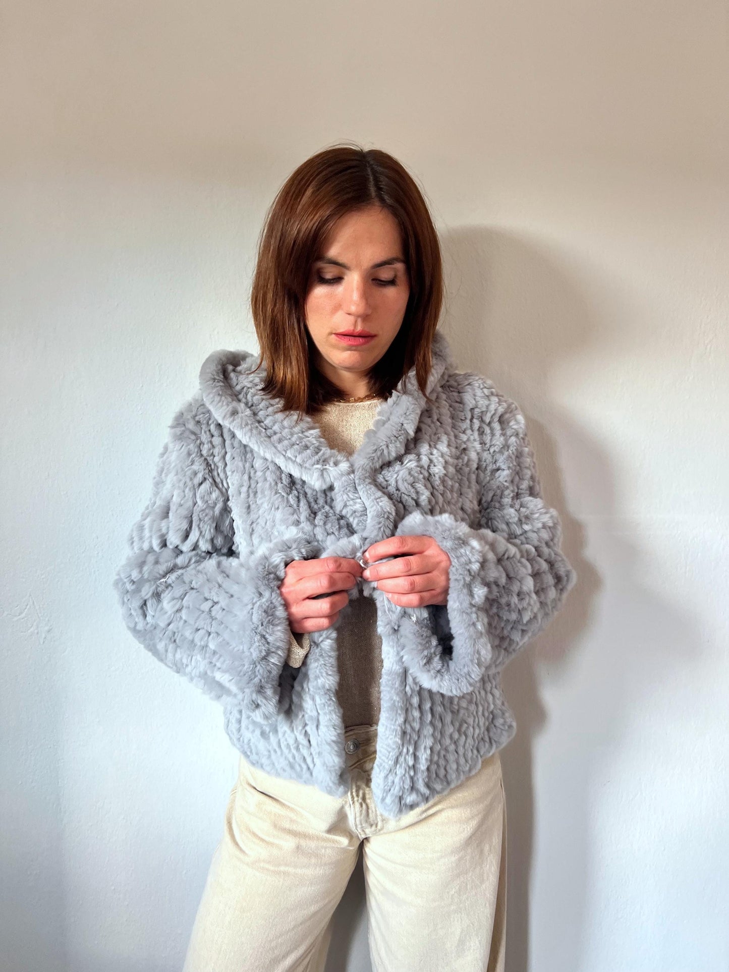 Light Grey Rabbit Fur Hooded Jacket: Handwoven, Frog Closure