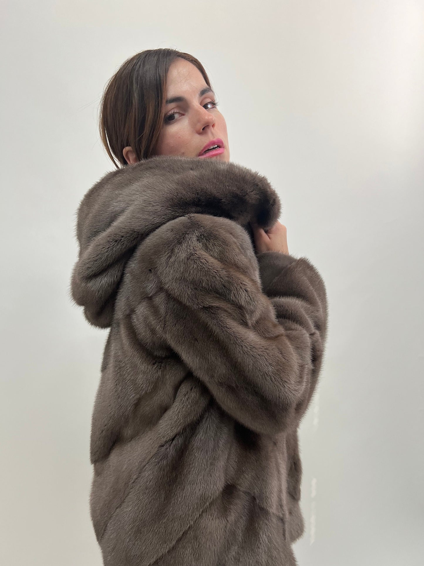 Saga Mink Fur Hooded Jacket, Warm Grey Diagonal Coat