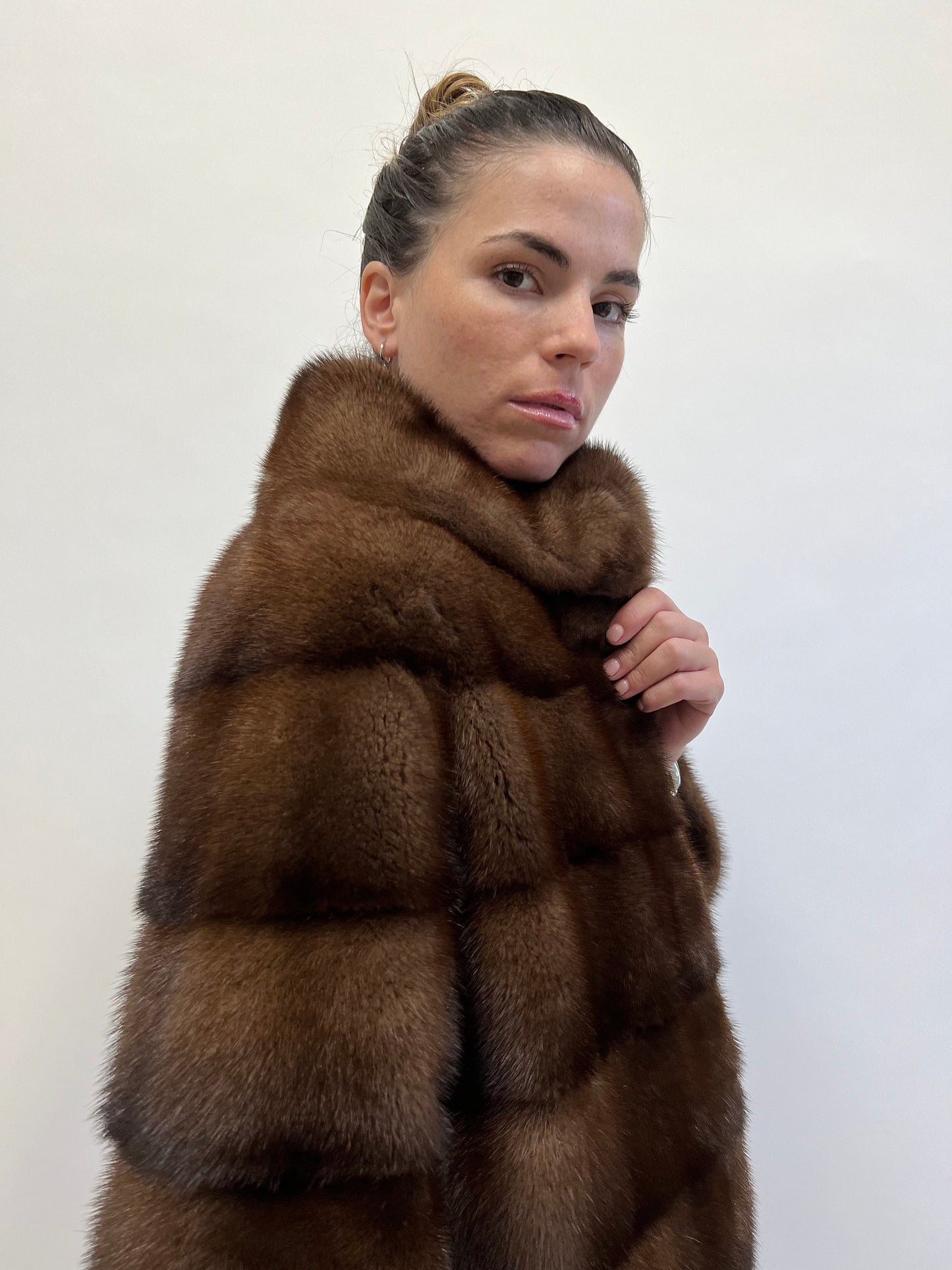 Brown Mink Fur Coat: Horizontal Design, Luxury Jacket