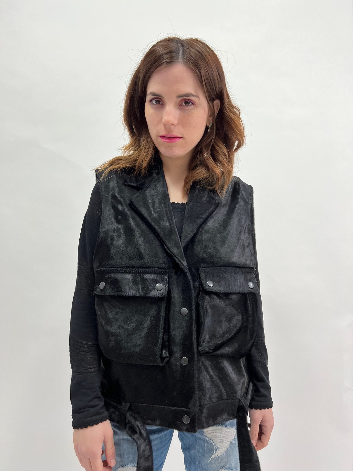 Genuine Hair-On Calf Hide Vest: Utility Leather Vest with Belt