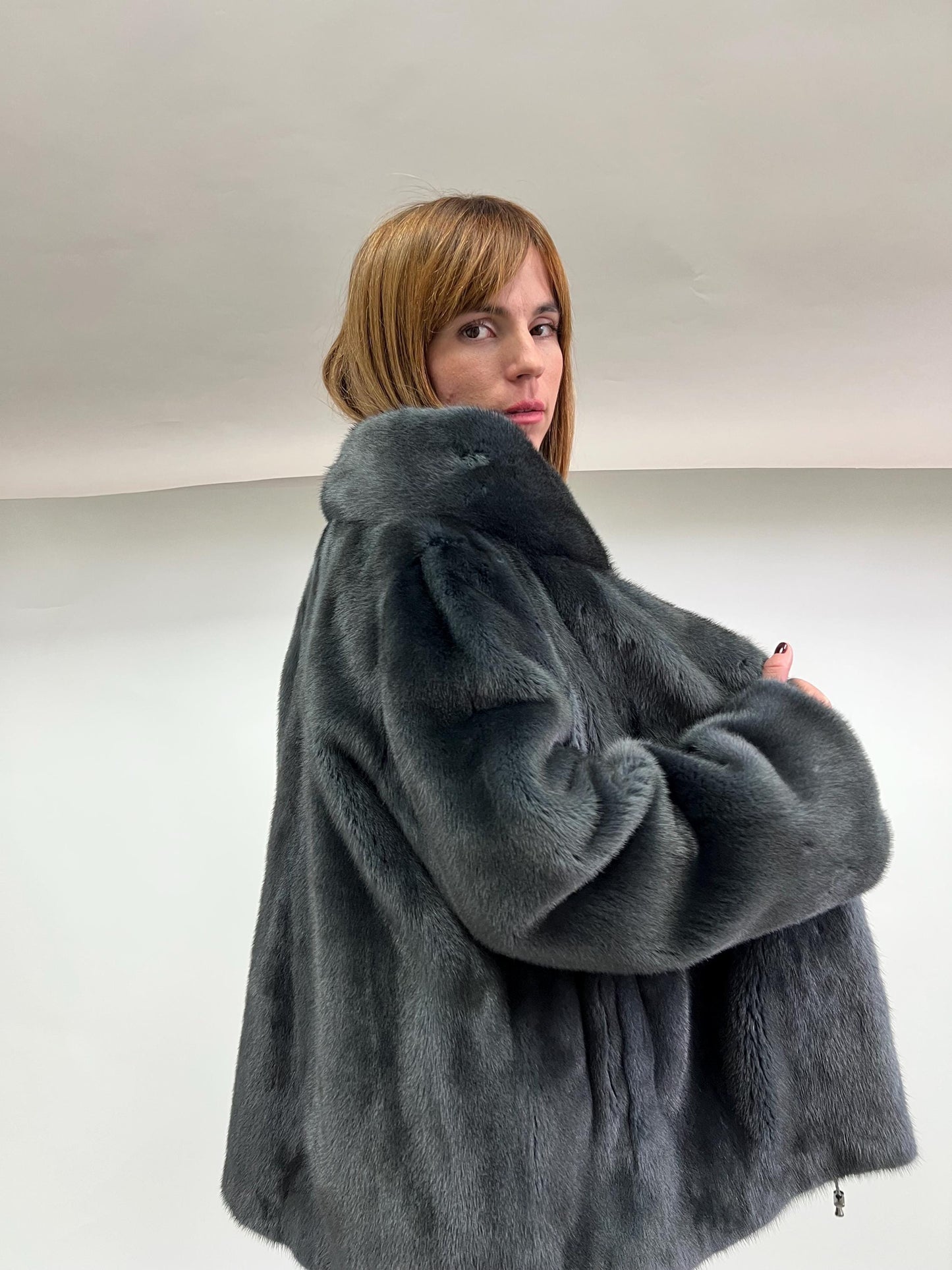 Saga Quality Petrol Mink Fur Jacket: Edgy Stand Up Collar