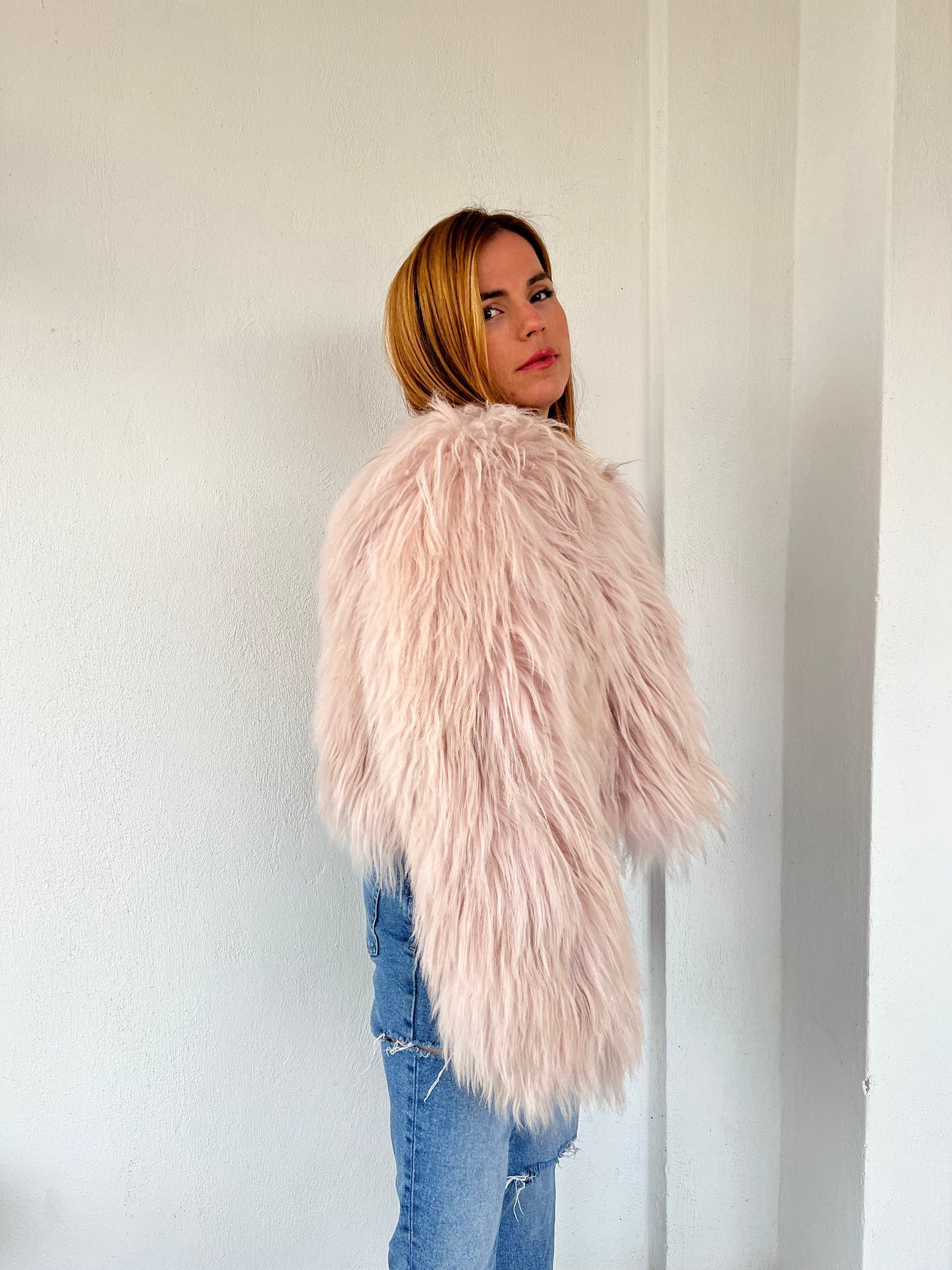 Handmade Mongolian Fur Jacket: Collarless Winter Coat, Dusty Rose