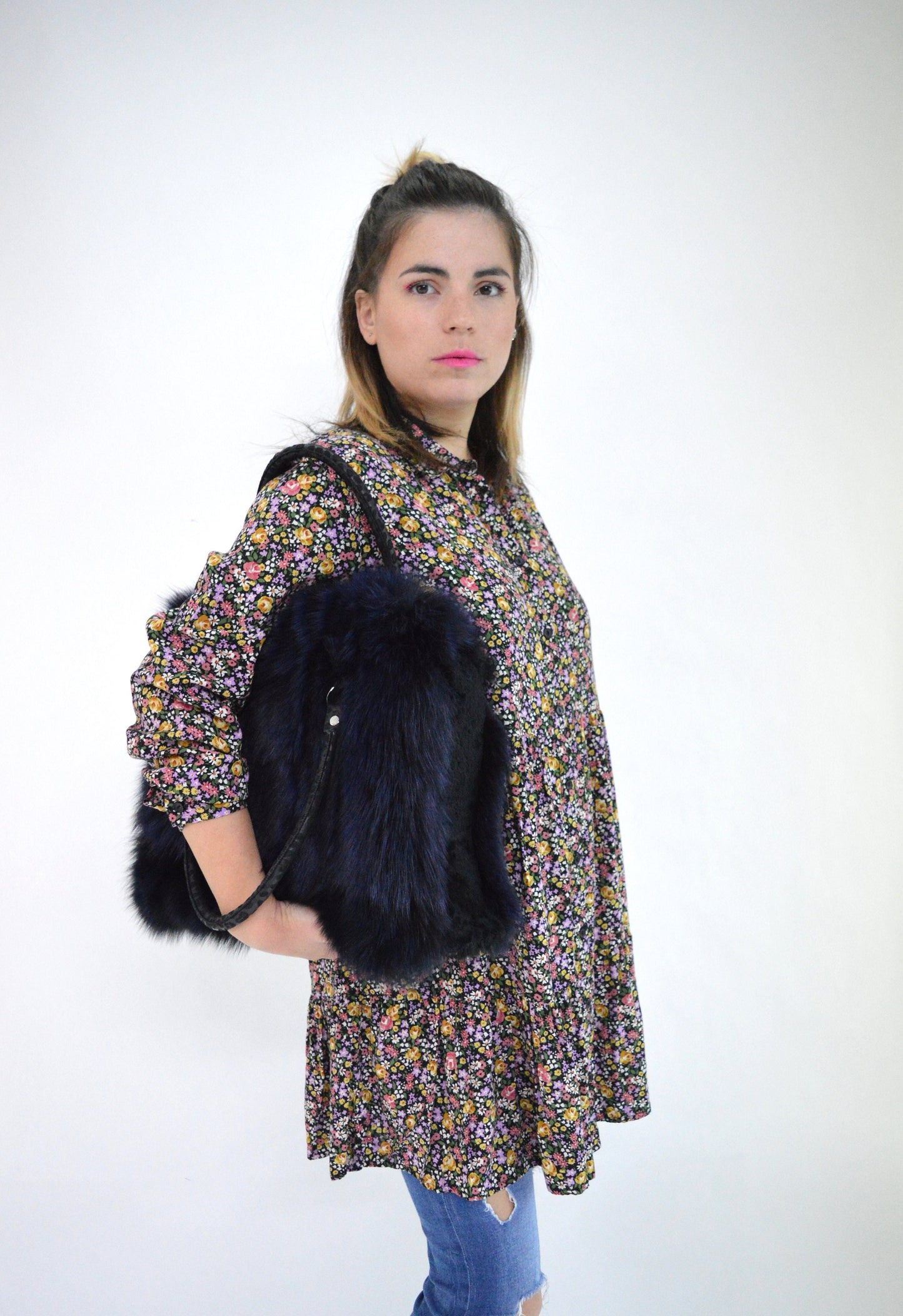 Navy Fox Fur Tote Bag: Handmade Leather Shoulder Bag
