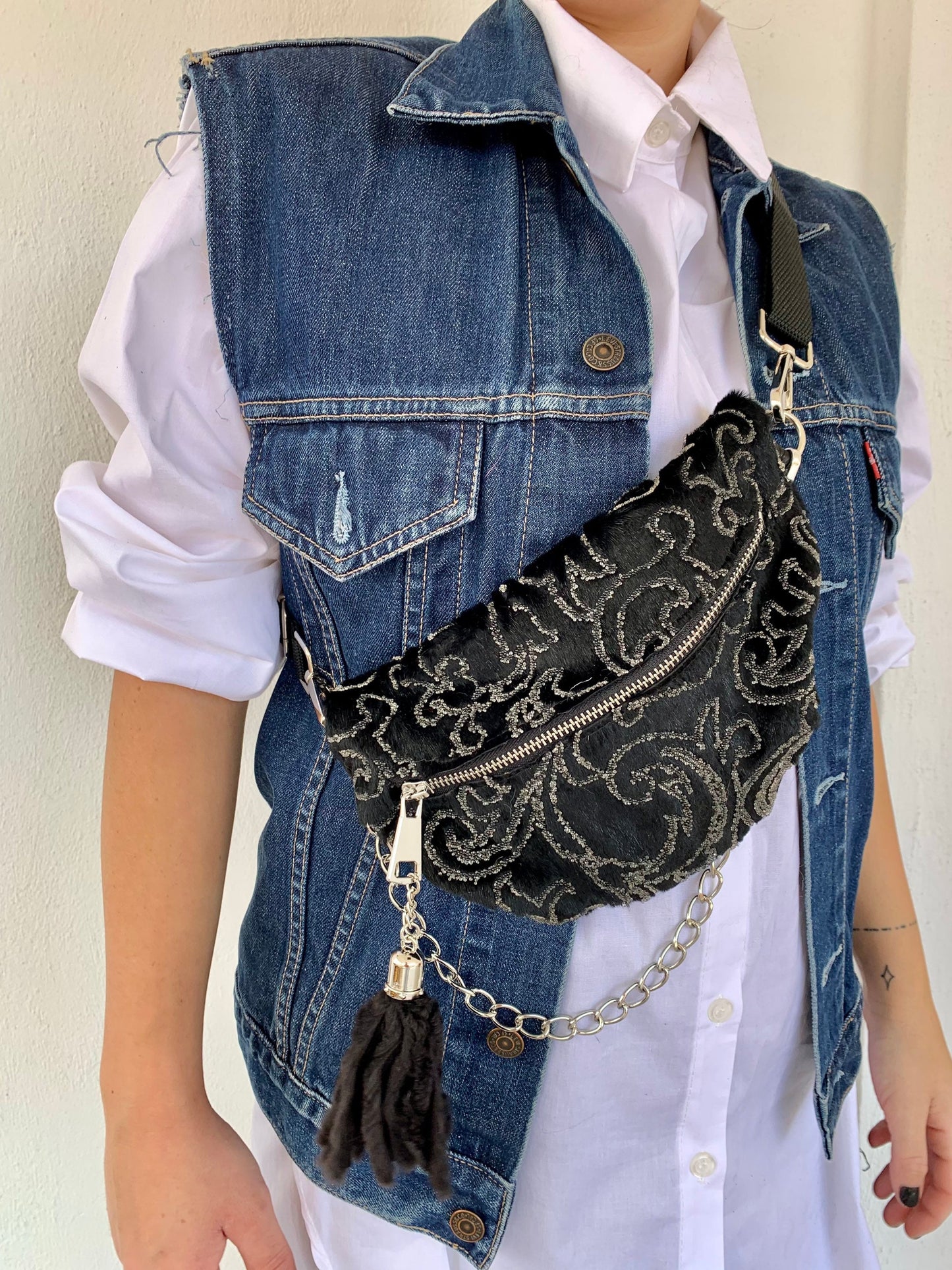 Mink Fur Bumbag with Chain & Tassel: Embroidered Rabbit Fur Fanny Pack