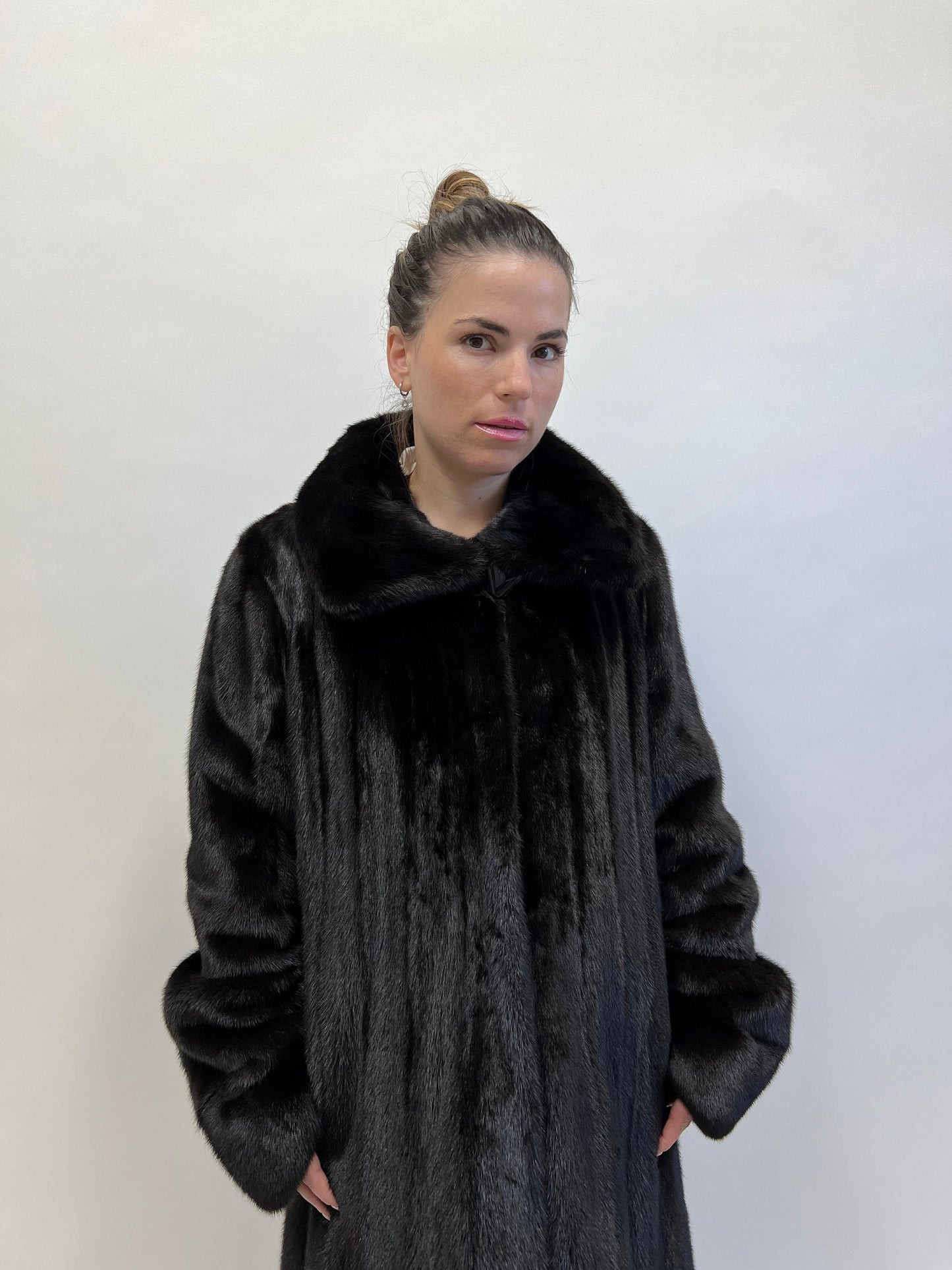 Handmade Black Mink Fur Long Coat: Luxury Godet Style