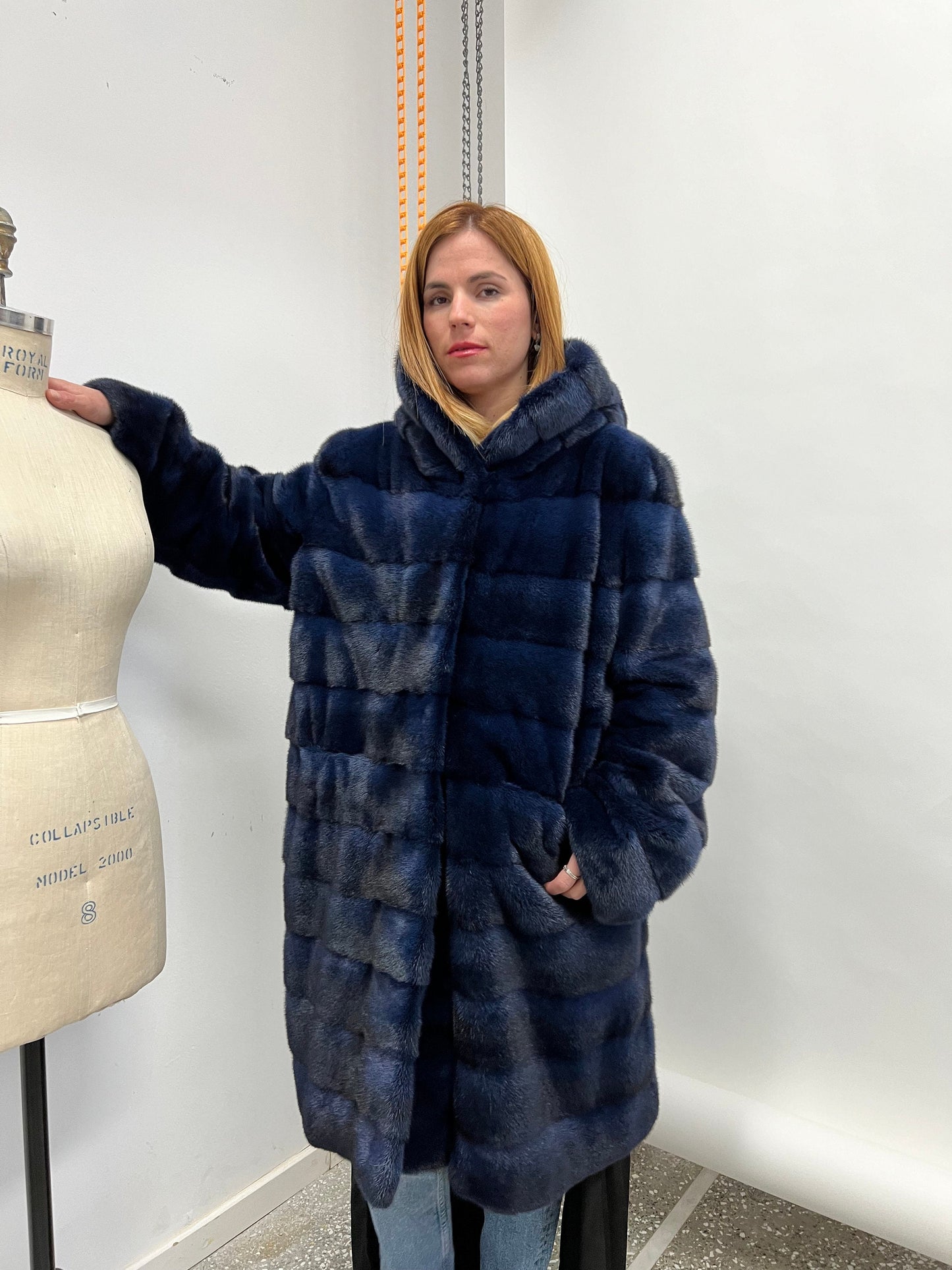 Handmade Navy Blue Mink Fur Hooded Coat, 2XL