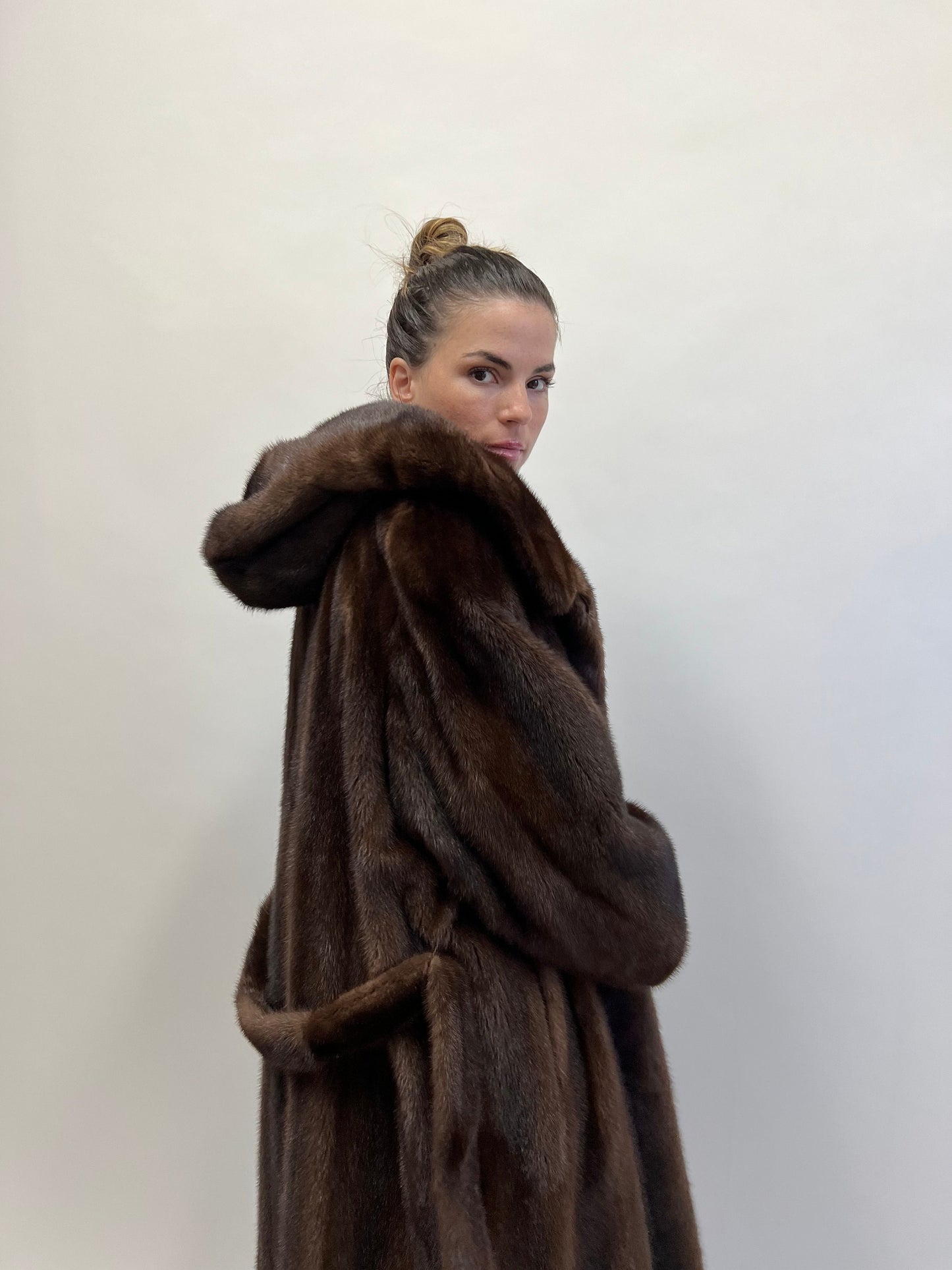 Brown Mink Fur Hooded Coat: Demi Buff Long Stroller, Belted