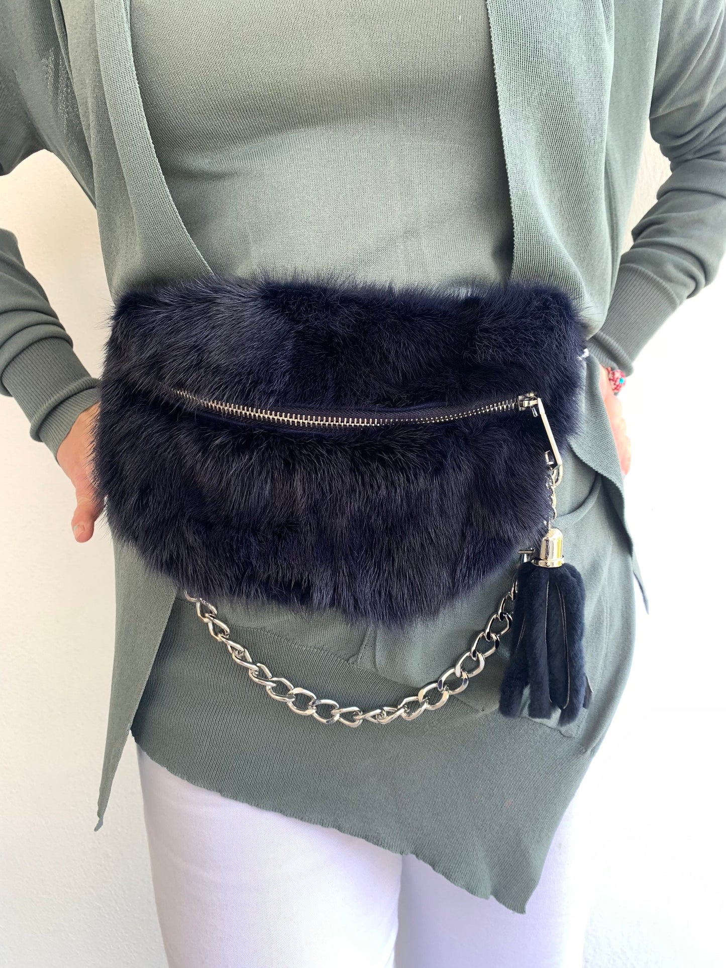 Navy Mink Fur Bumbag with Chain Tassel: Luxury Fanny Pack