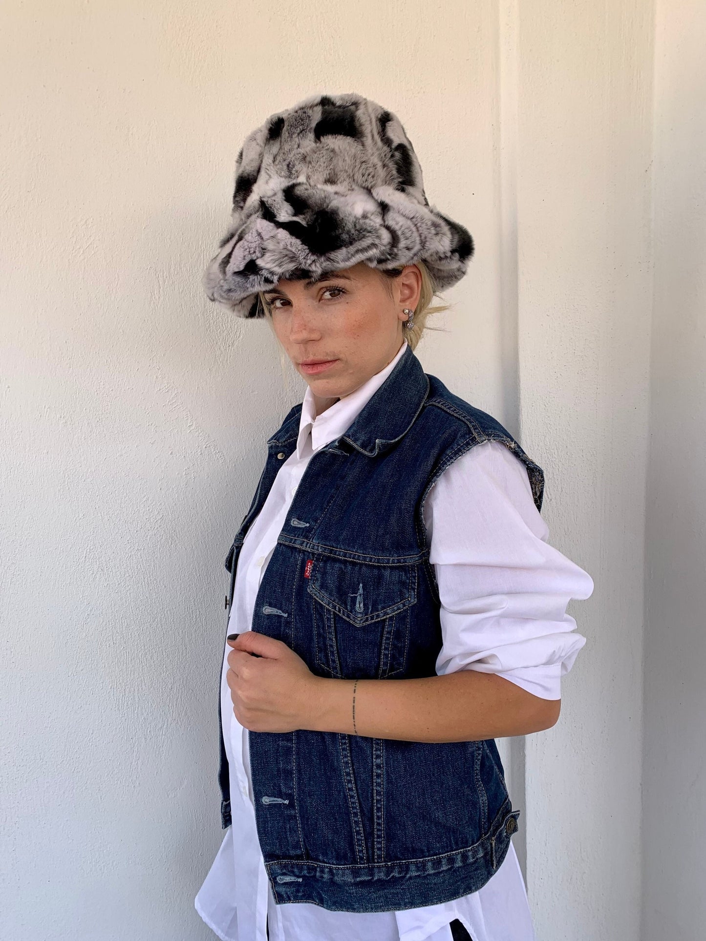 Rex Rabbit Fur Bucket Hat: Black & Grey Fisherman Style