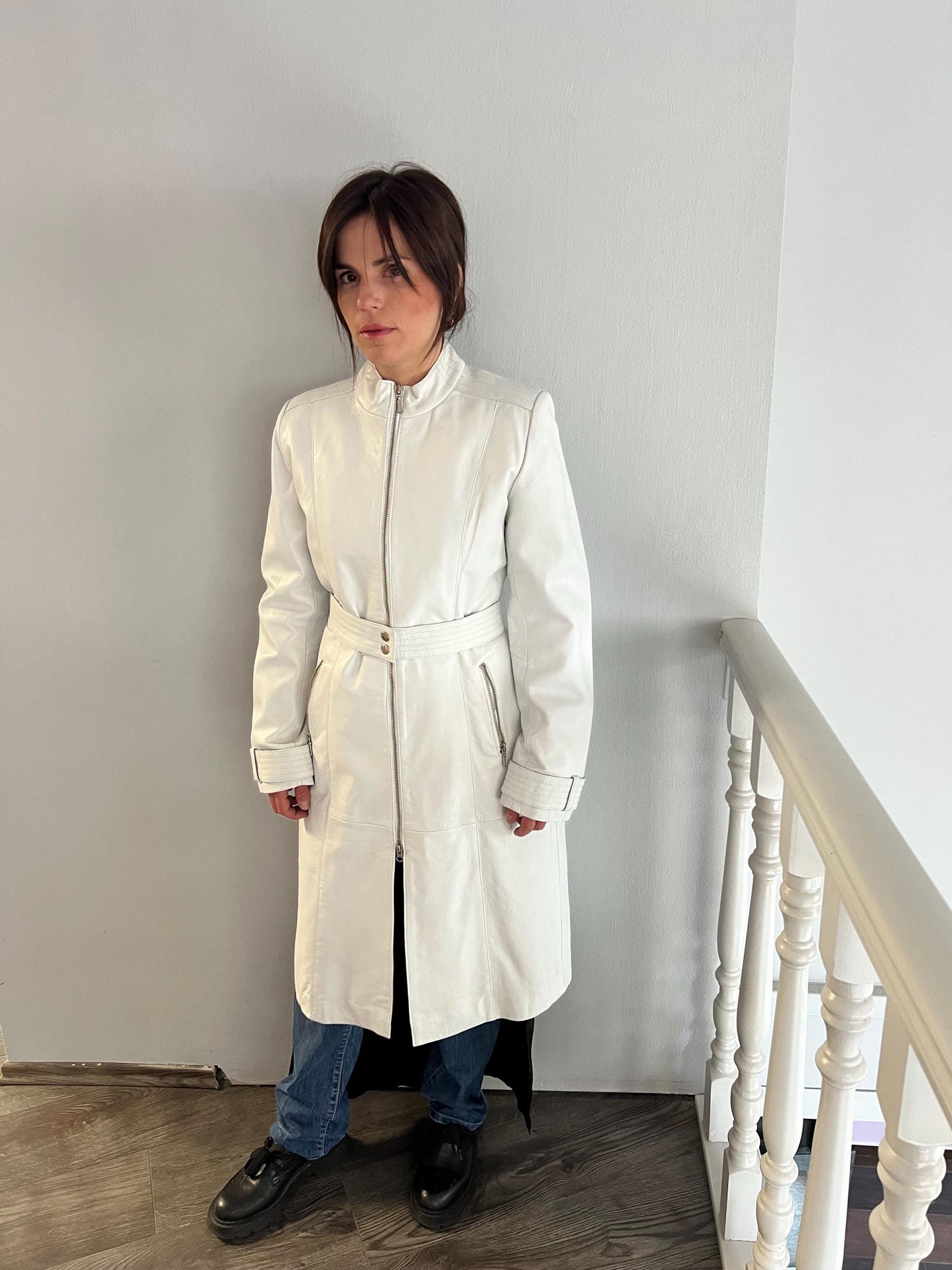 White Nappa Lambskin Leather Coat - Handmade Belted Zip Front