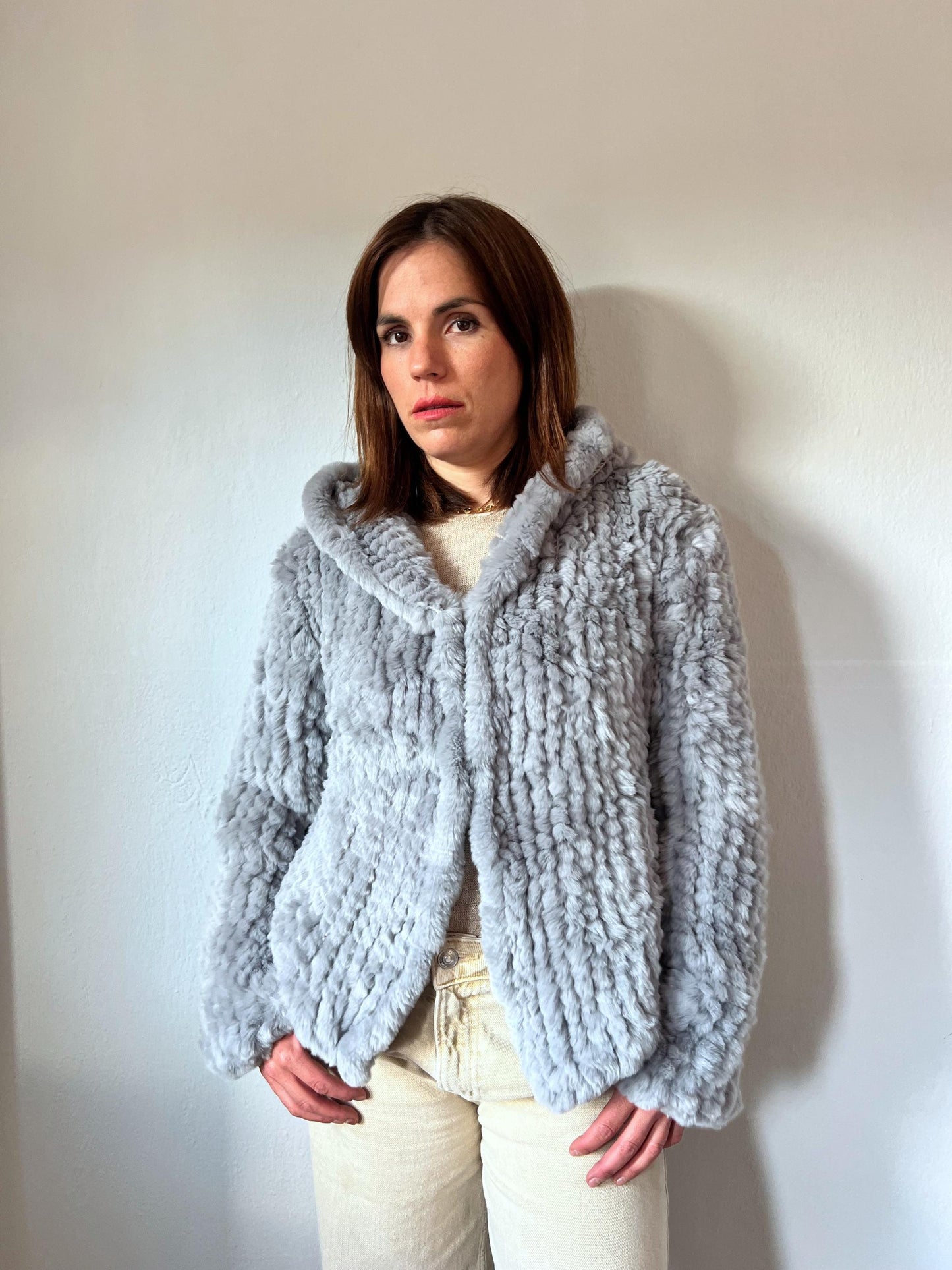 Light Grey Rabbit Fur Hooded Jacket: Handwoven, Frog Closure