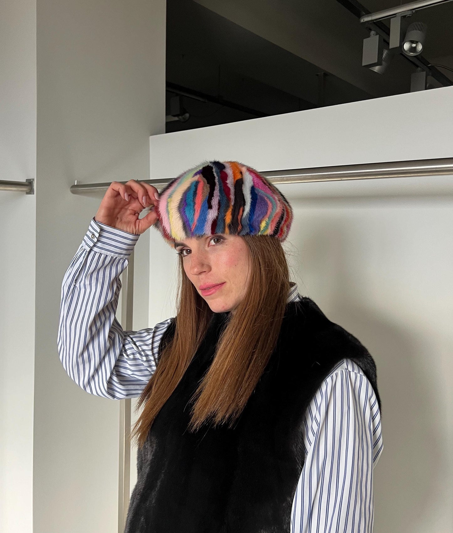 Handmade Multicolored Mink Fur Beret: Stylish Winter Hat