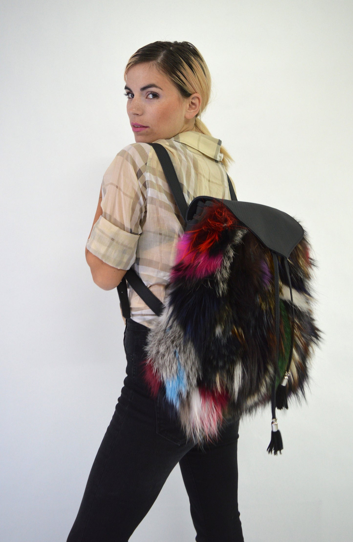 Real Fox Fur Leather Backpack: Handmade Rucksack Laptop Bag